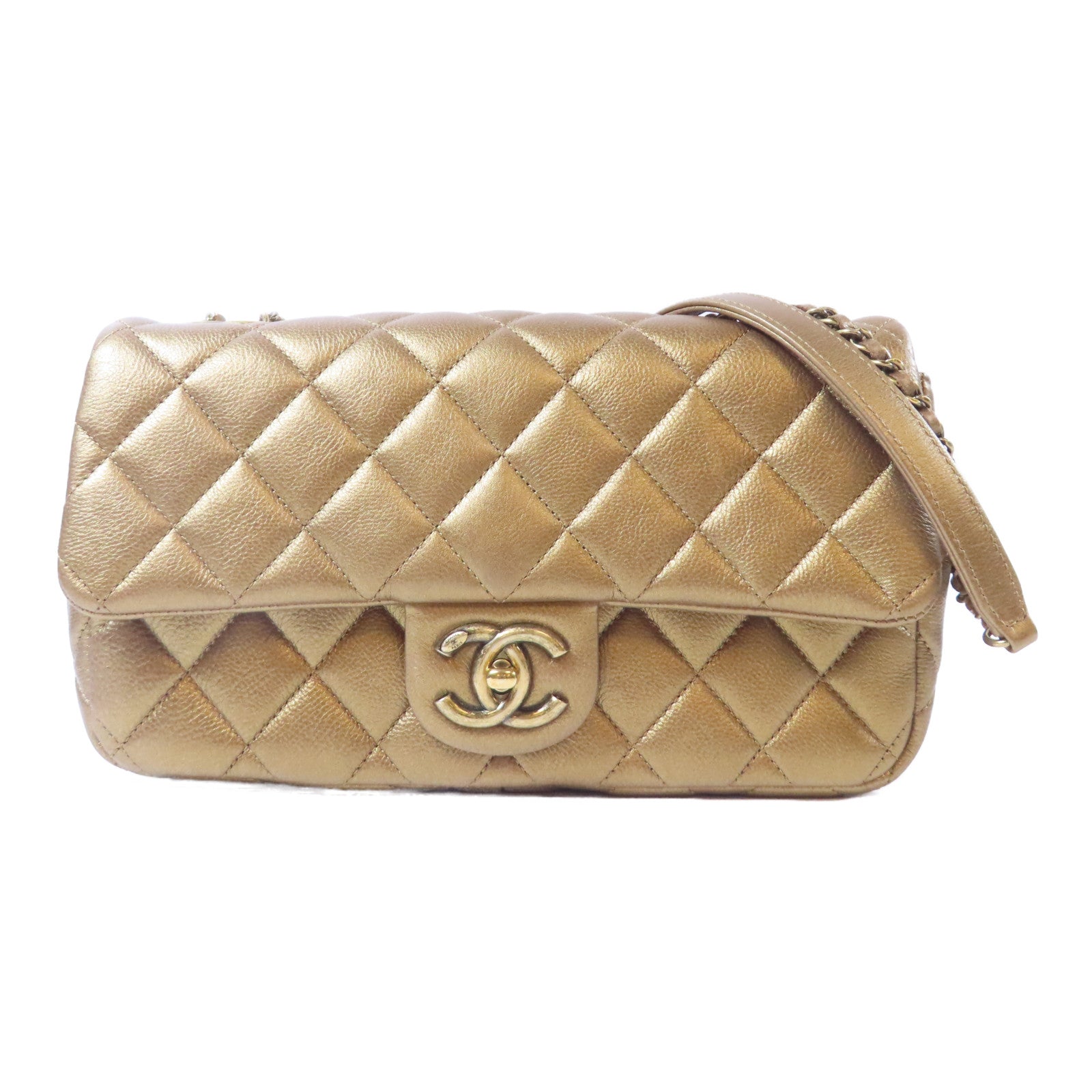 CHANEL 菱格牛皮皮革Chain Shoulder金扣鏈帶肩背袋青銅色