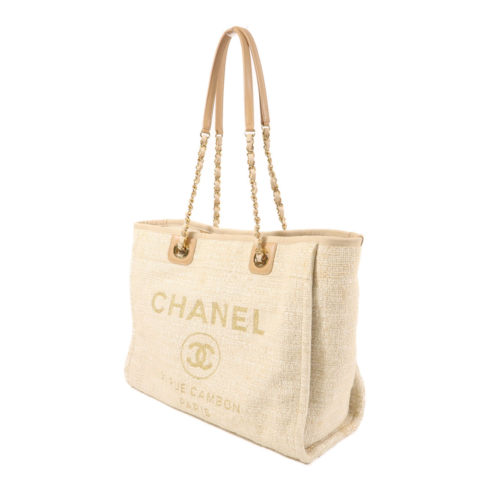 CHANEL Straw Deauville Tote金扣鏈帶肩背袋