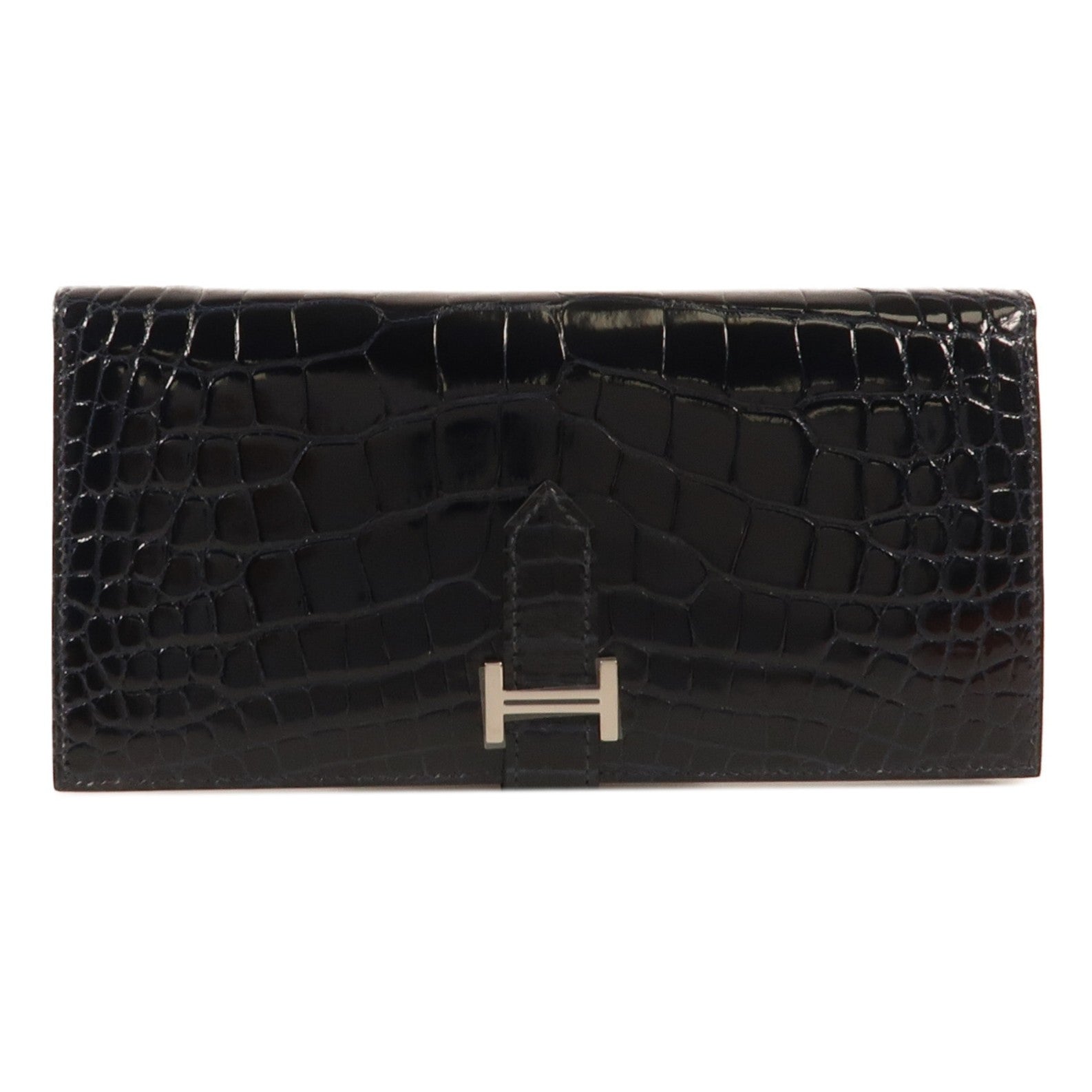 HERMES Alligator Shiny皮革Bearn Long Wallet銀扣長錢包Bleu Marine