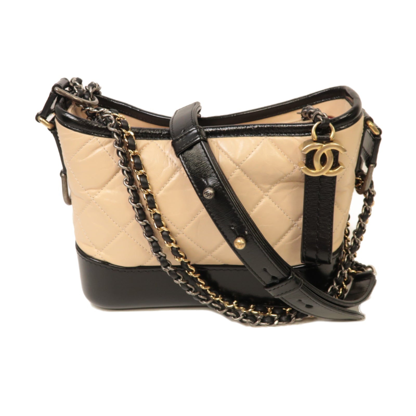 CHANEL **【激減優惠】菱格牛皮皮革Small Gabrielle Hobo金扣/銀扣鏈帶肩背袋米色/黑色