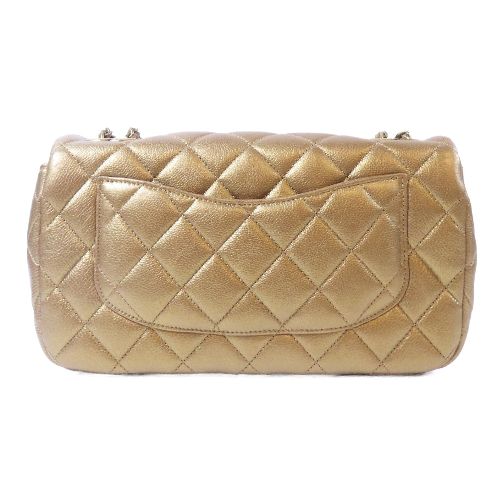 CHANEL 菱格牛皮皮革Chain Shoulder金扣鏈帶肩背袋青銅色