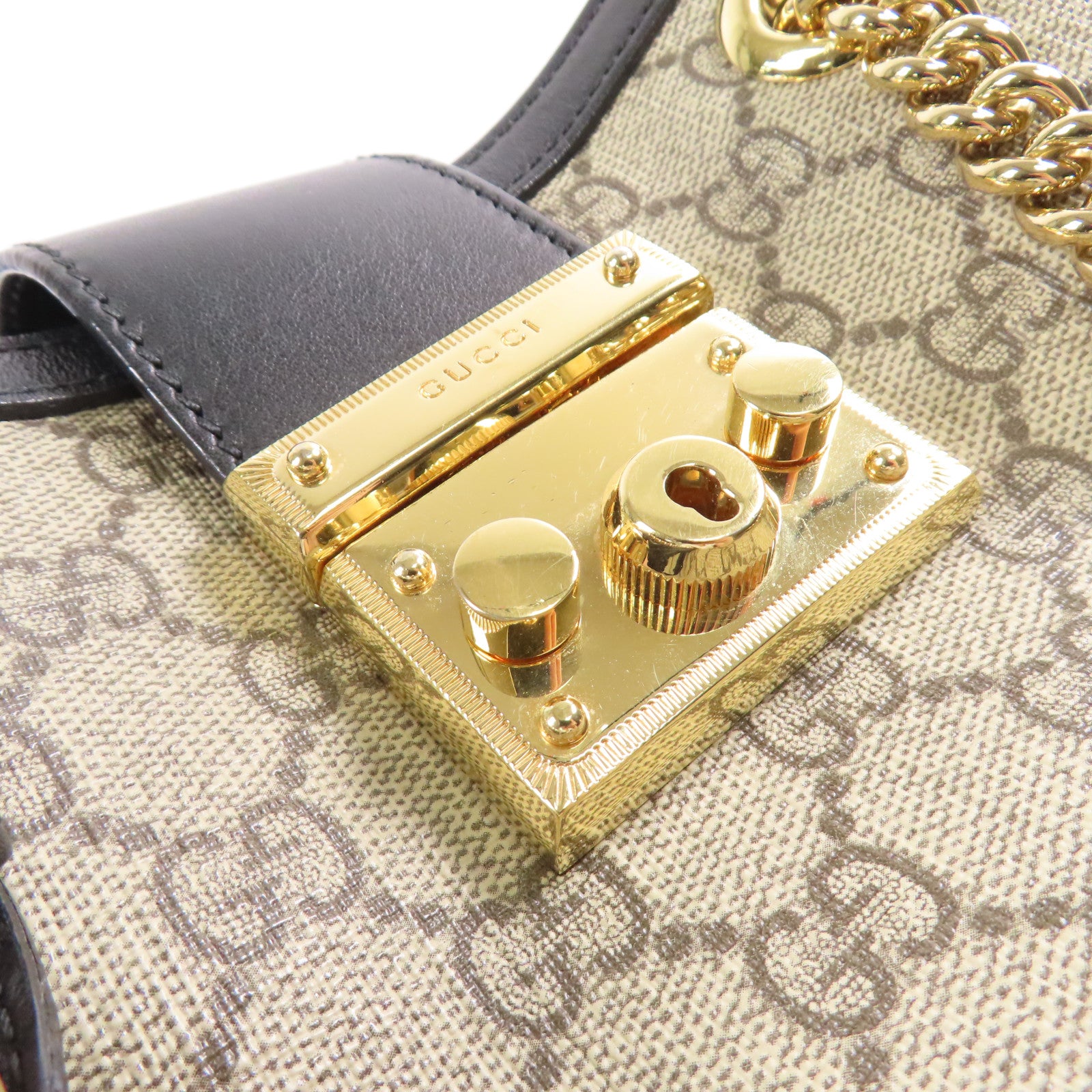 GUCCI 【激減優惠】塗層帆布Padlock Small GG金扣鏈帶肩背袋
