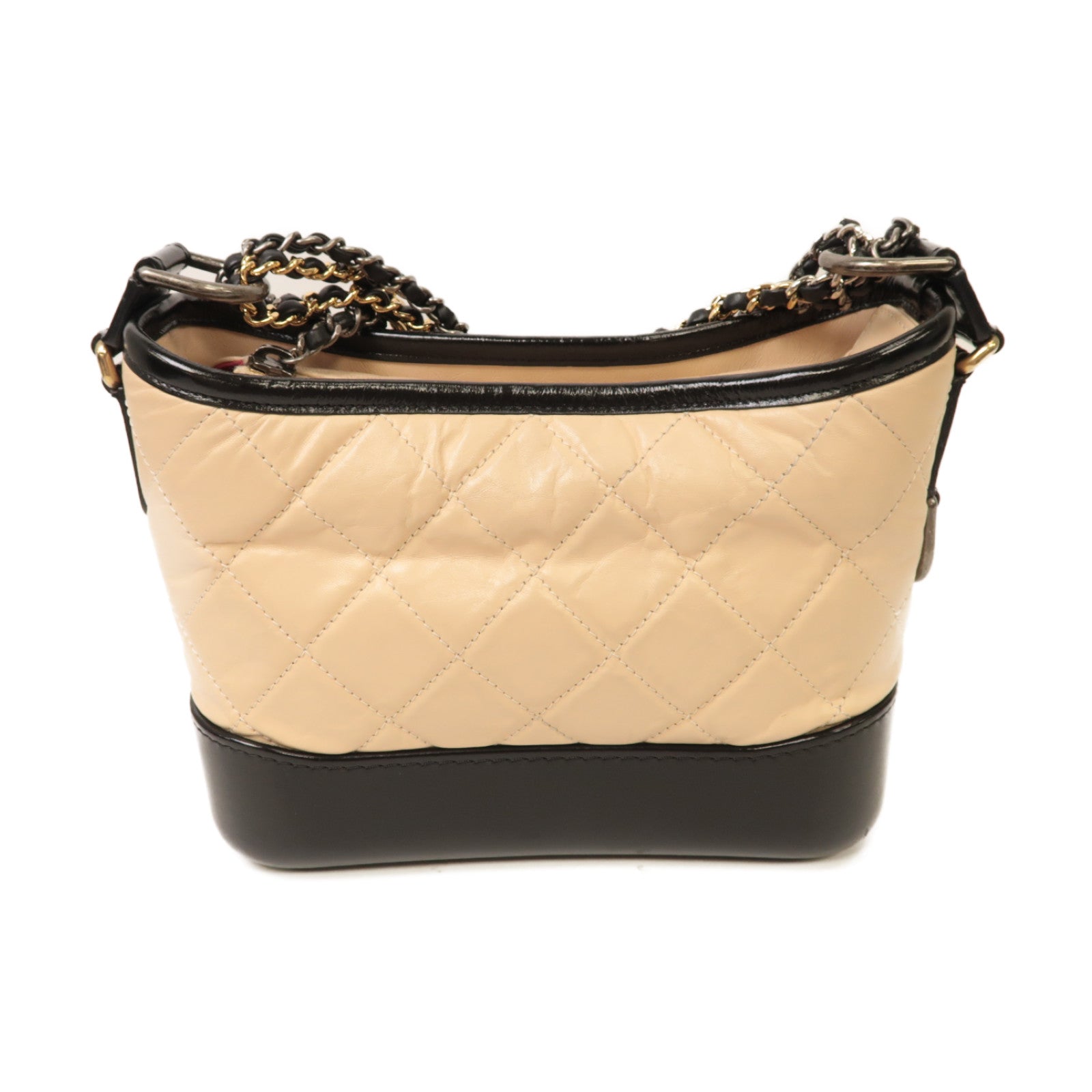 CHANEL **【激減優惠】菱格牛皮皮革Small Gabrielle Hobo金扣/銀扣鏈帶肩背袋米色/黑色
