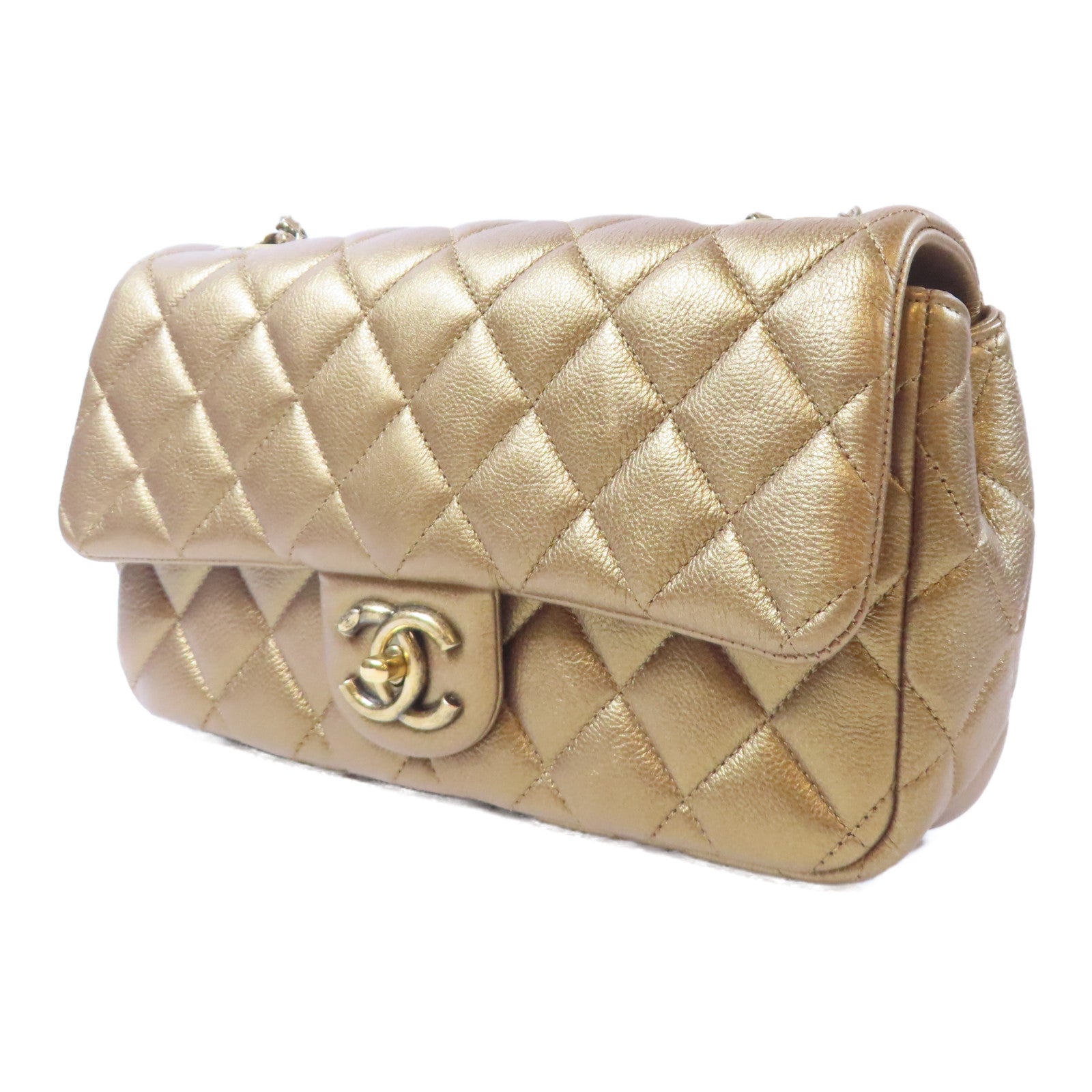 CHANEL 菱格牛皮皮革Chain Shoulder金扣鏈帶肩背袋青銅色
