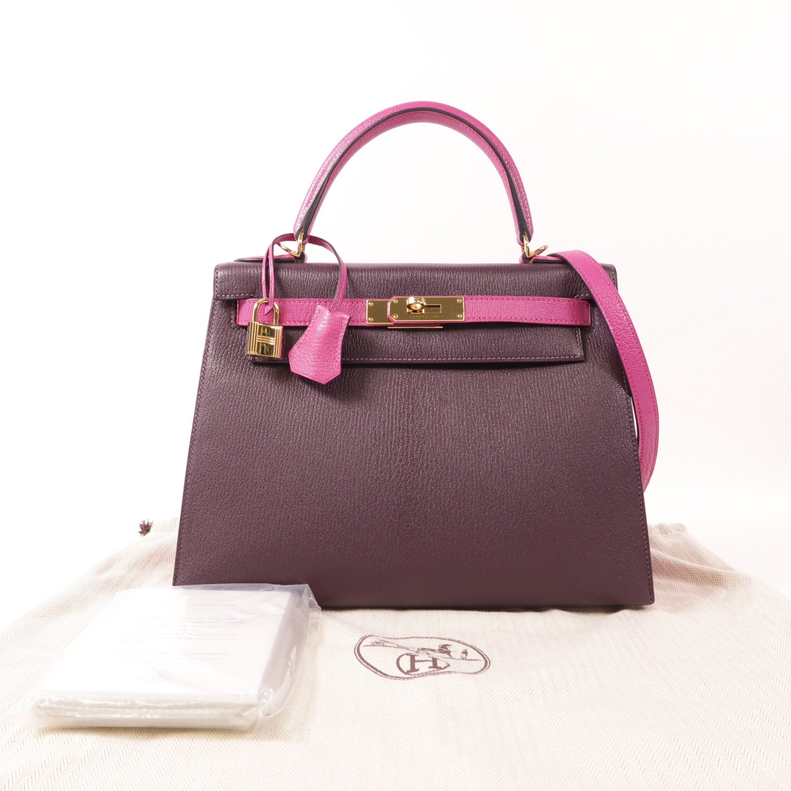 HERMES GHW Kelly 28 SOP 2 Way Bag Chevre Leather Anemone/Rose Pourpre