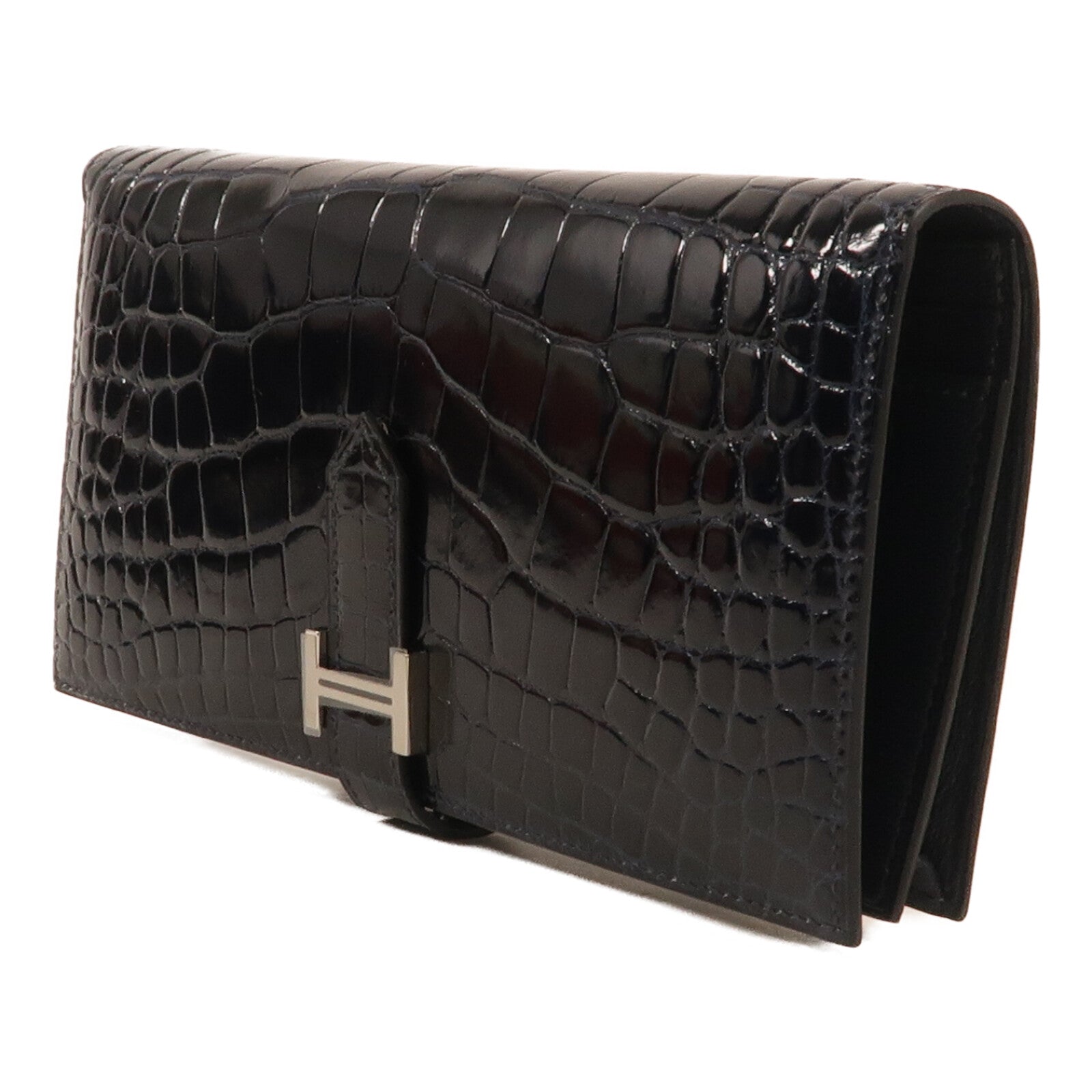 HERMES Alligator Shiny皮革Bearn Long Wallet銀扣長錢包Bleu Marine