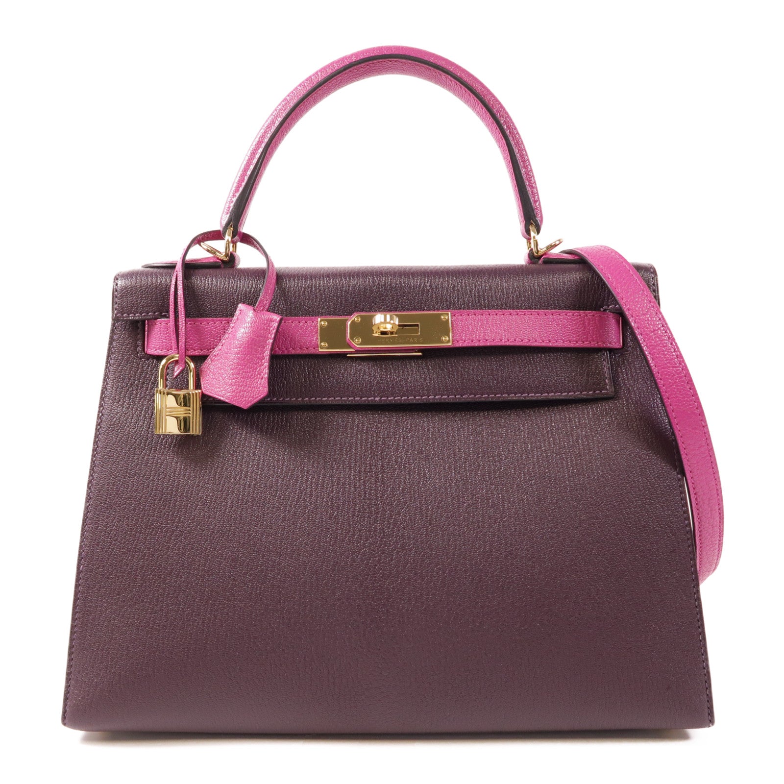 HERMES GHW Kelly 28 SOP 2 Way Bag Chevre Leather Anemone/Rose Pourpre