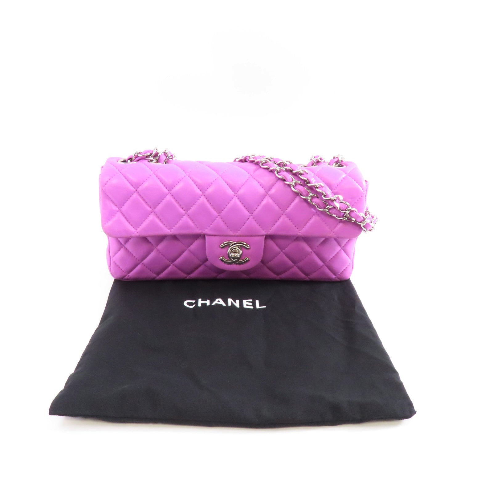CHANEL 菱格羊皮皮革Chain Shoulder Bag銀扣鏈帶肩背袋紫色