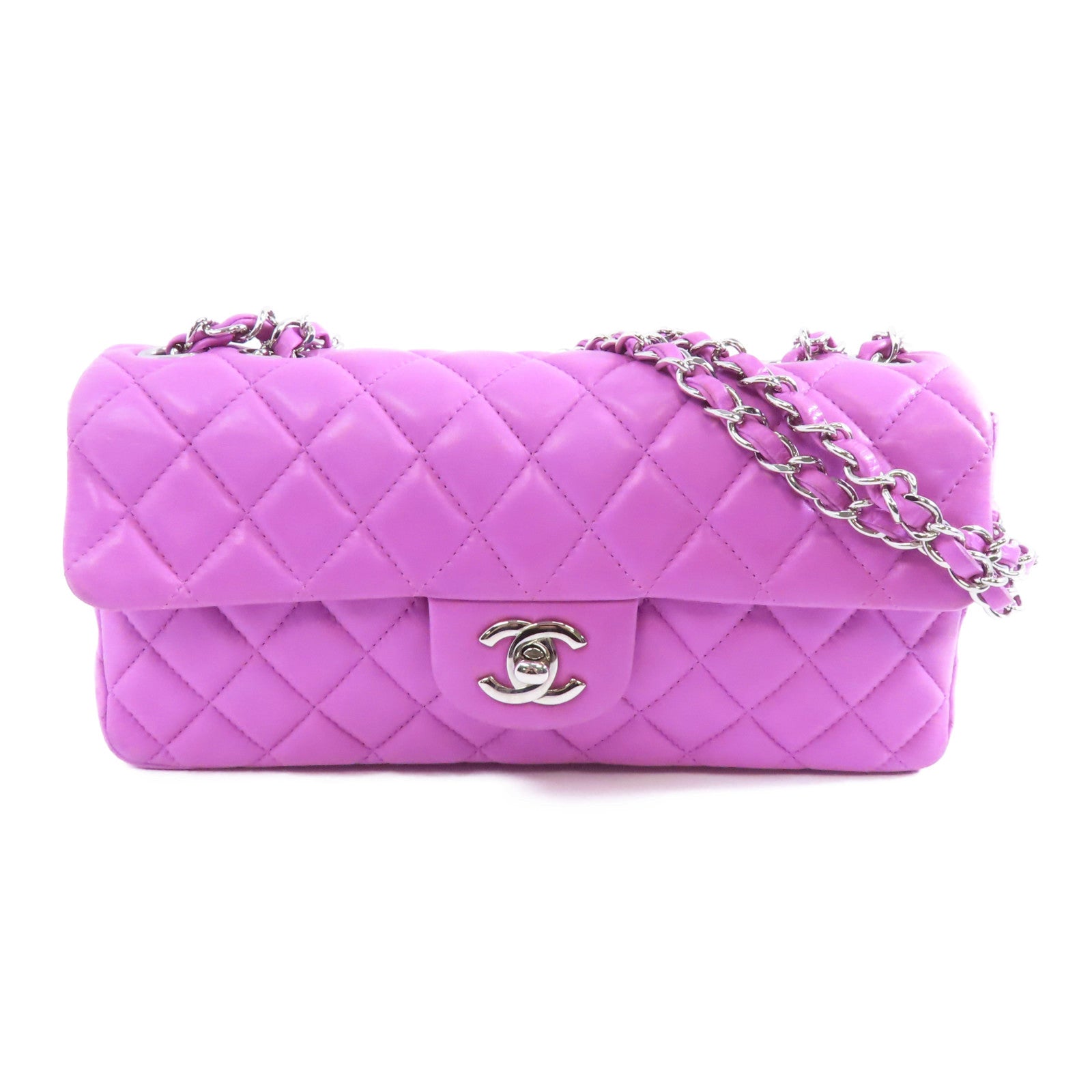 CHANEL 菱格羊皮皮革Chain Shoulder Bag銀扣鏈帶肩背袋紫色