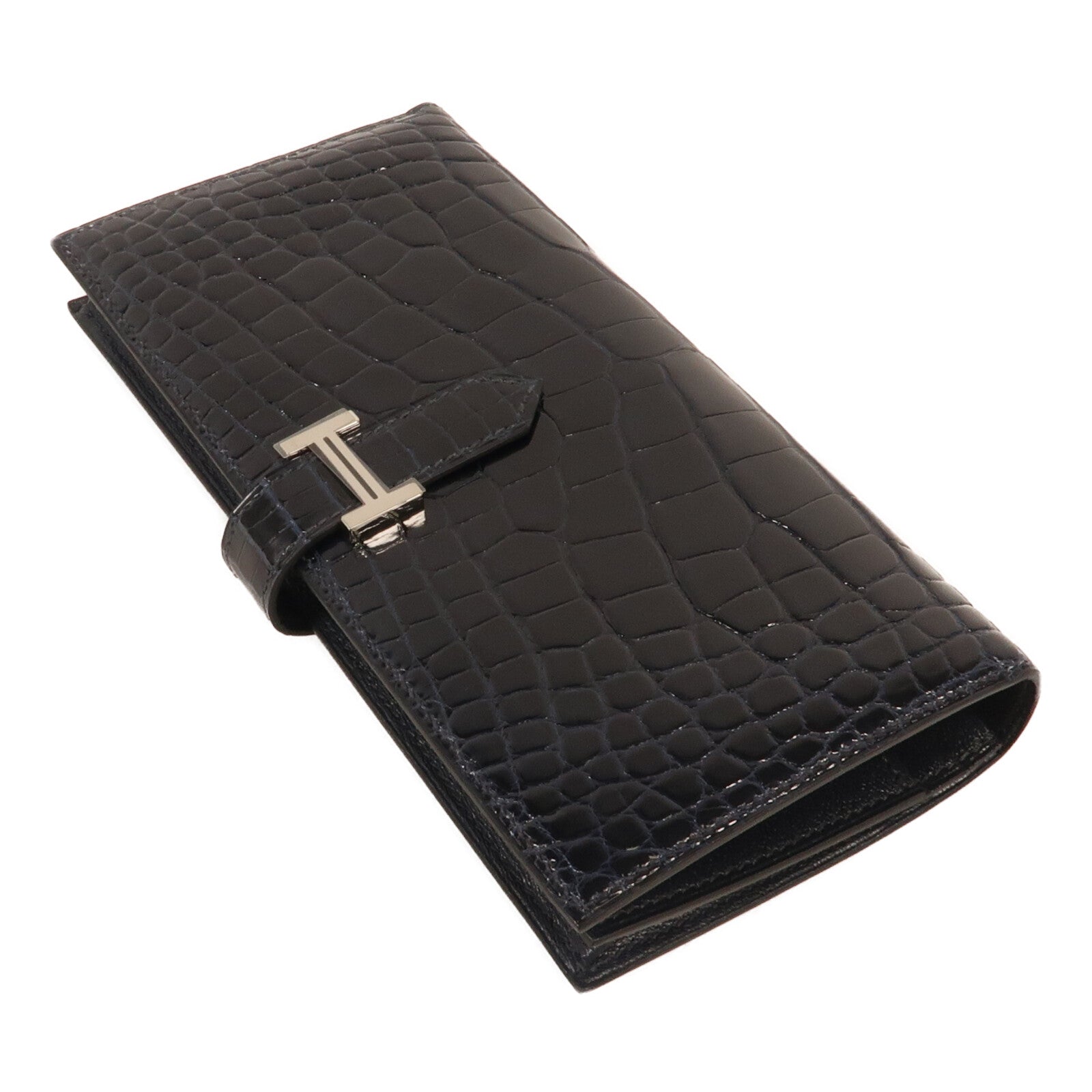 HERMES Alligator Shiny皮革Bearn Long Wallet銀扣長錢包Bleu Marine