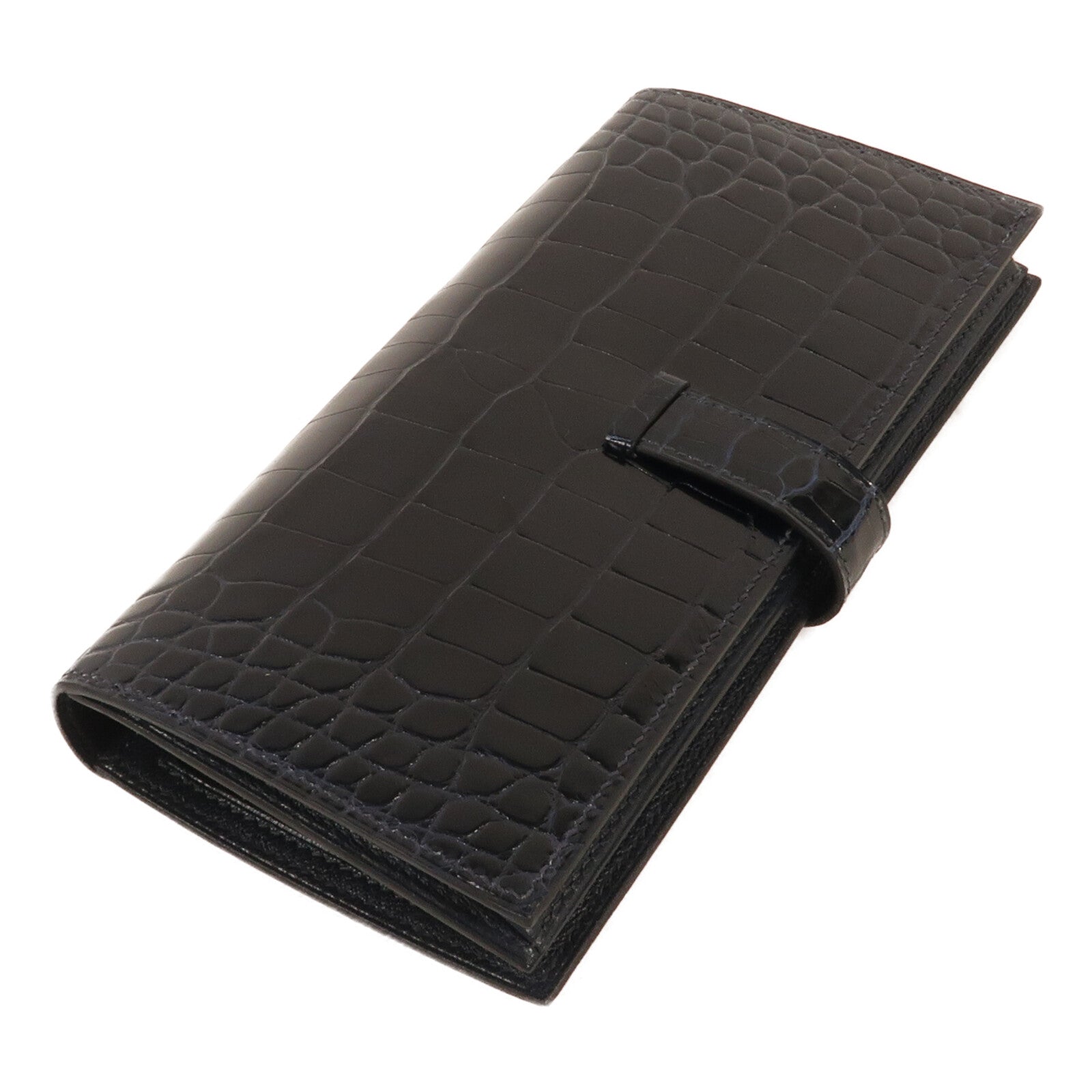 HERMES Alligator Shiny皮革Bearn Long Wallet銀扣長錢包Bleu Marine
