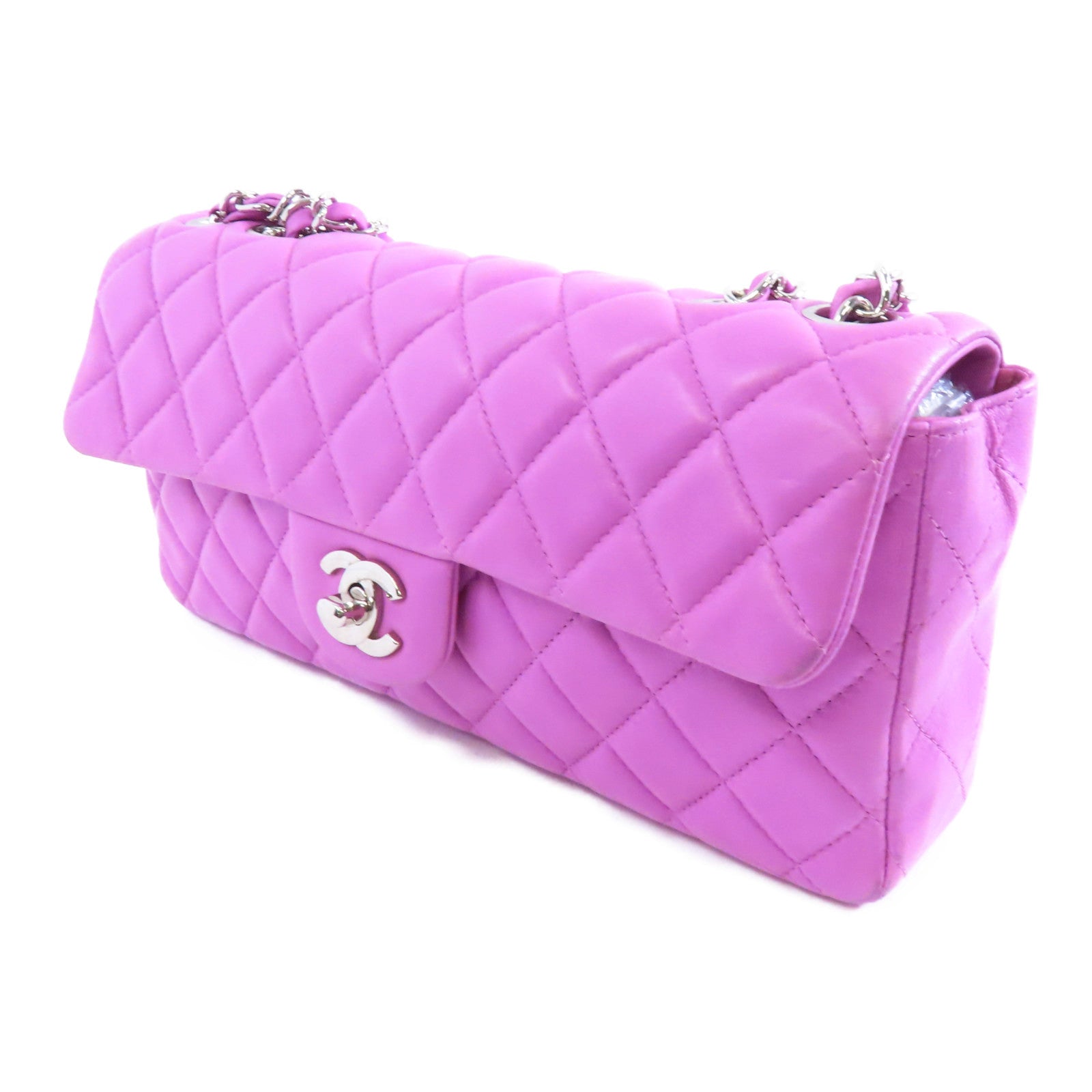 CHANEL 菱格羊皮皮革Chain Shoulder Bag銀扣鏈帶肩背袋紫色