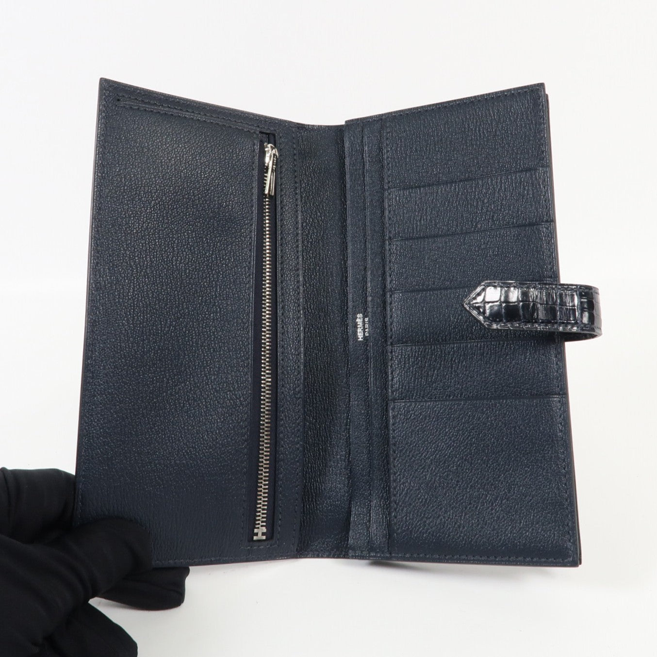 HERMES Alligator Shiny皮革Bearn Long Wallet銀扣長錢包Bleu Marine