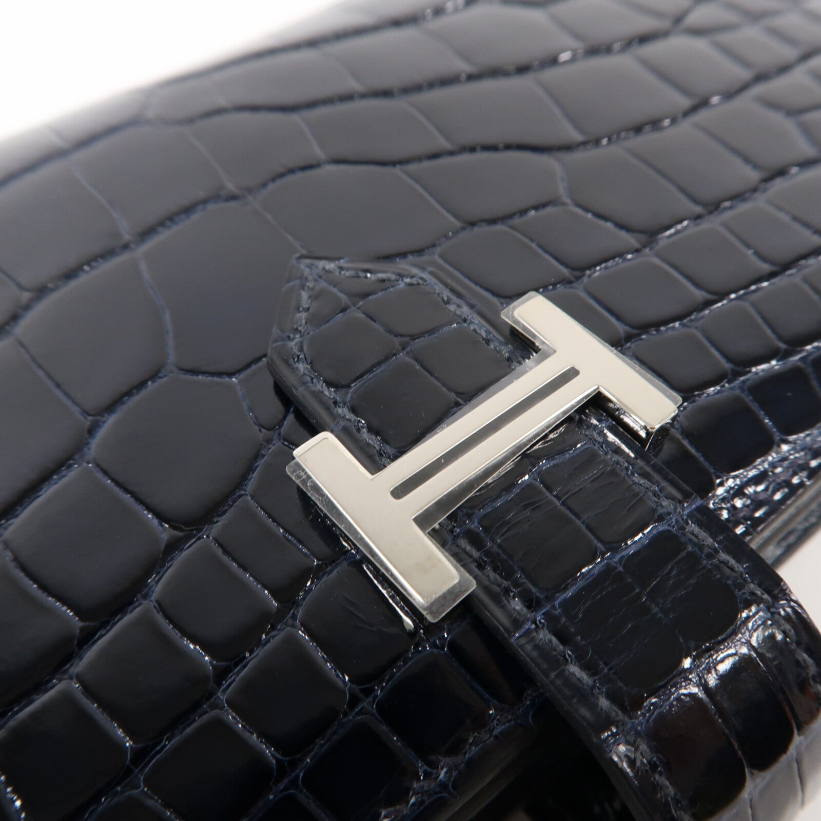 HERMES Alligator Shiny皮革Bearn Long Wallet銀扣長錢包Bleu Marine