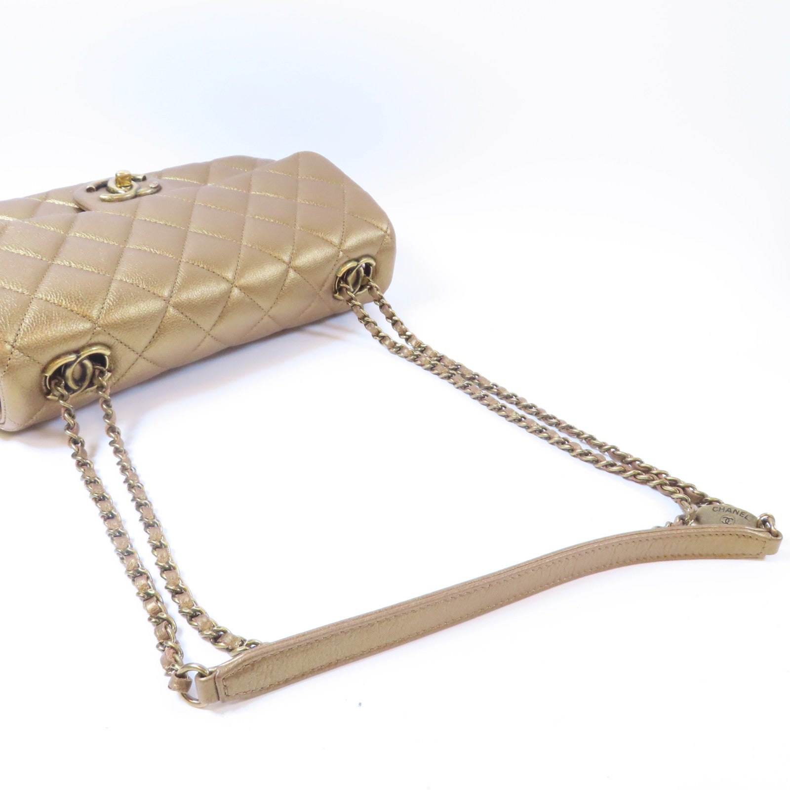 CHANEL 菱格牛皮皮革Chain Shoulder金扣鏈帶肩背袋青銅色