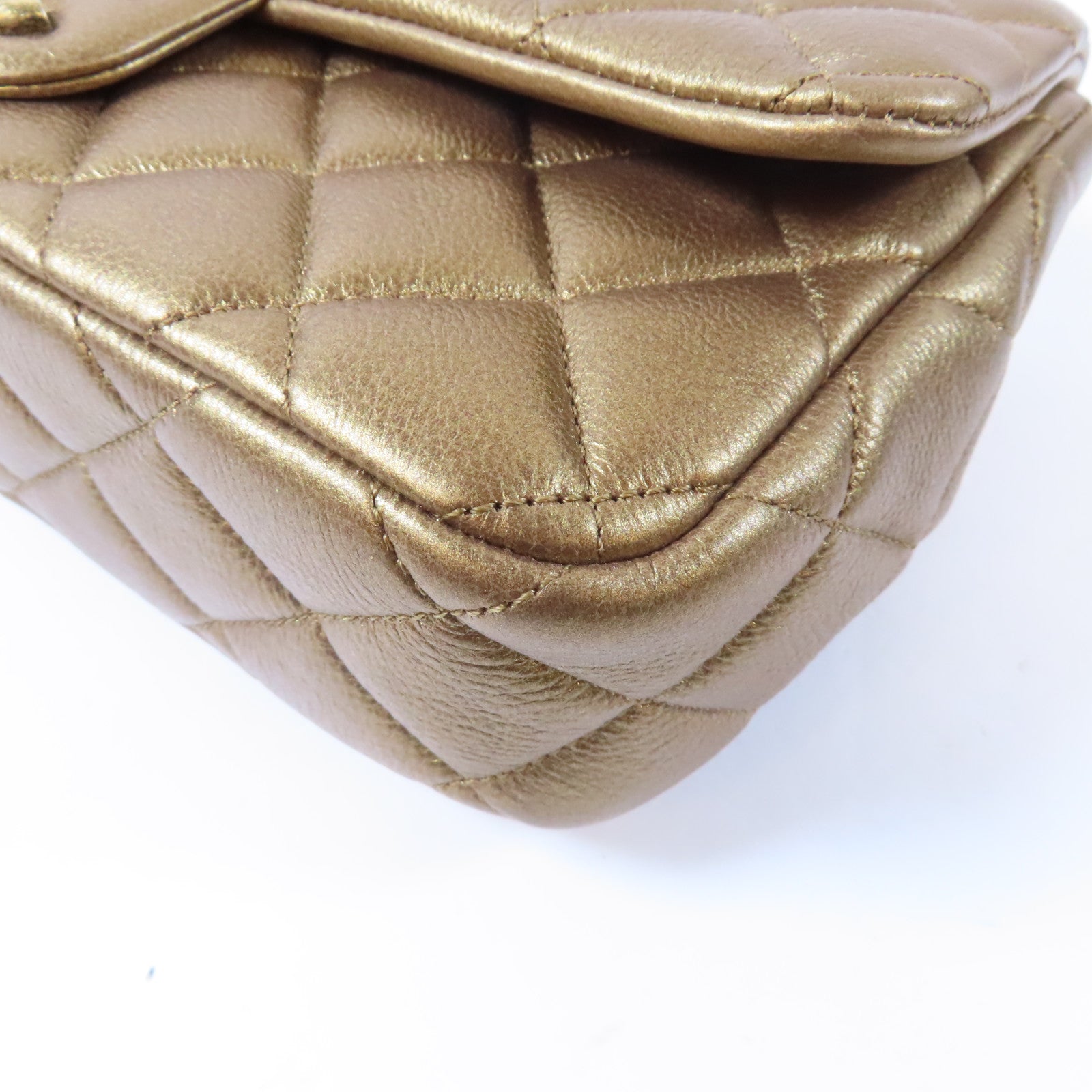 CHANEL 菱格牛皮皮革Chain Shoulder金扣鏈帶肩背袋青銅色