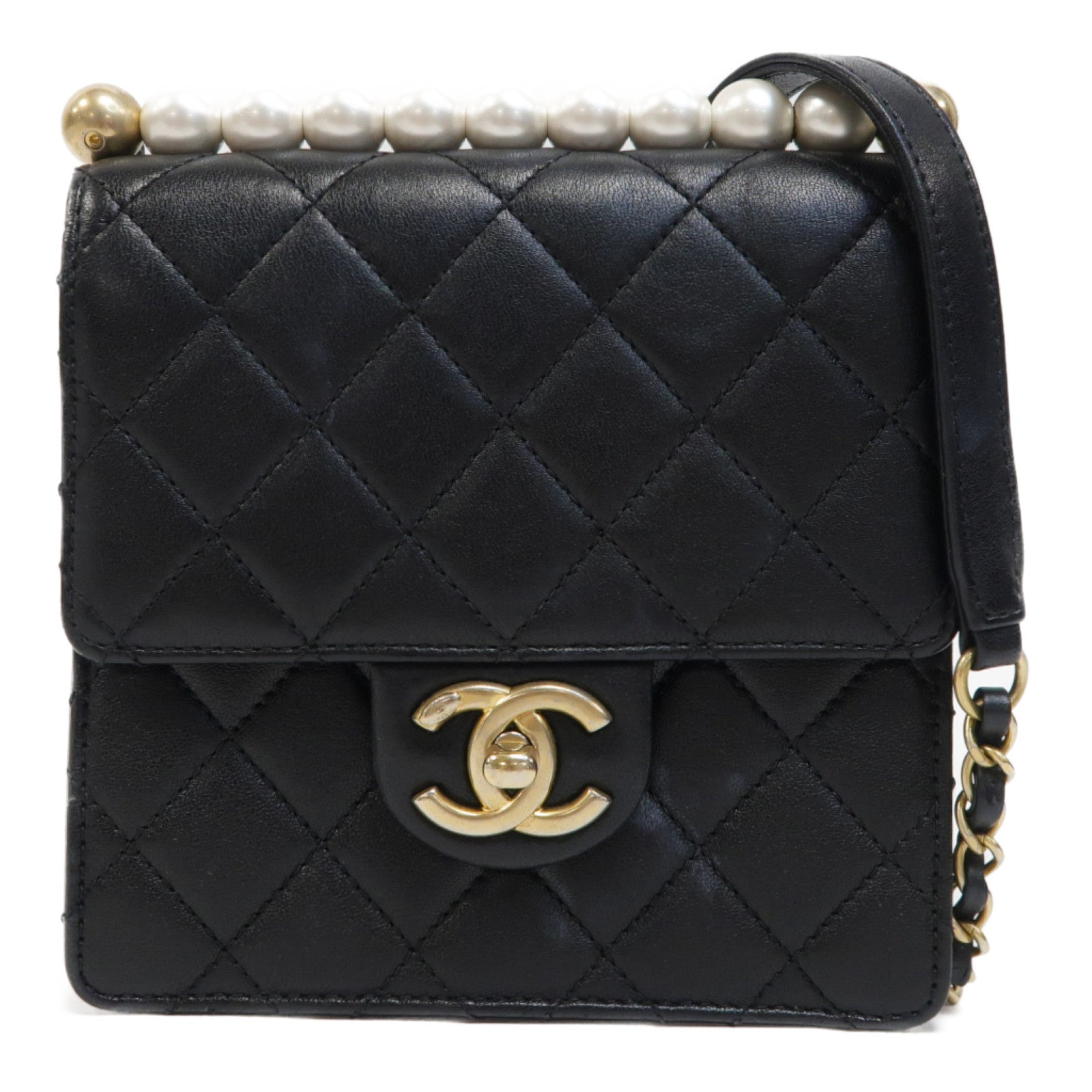 CHANEL 菱格牛皮皮革Matrasse Pearl金扣肩背袋黑色
