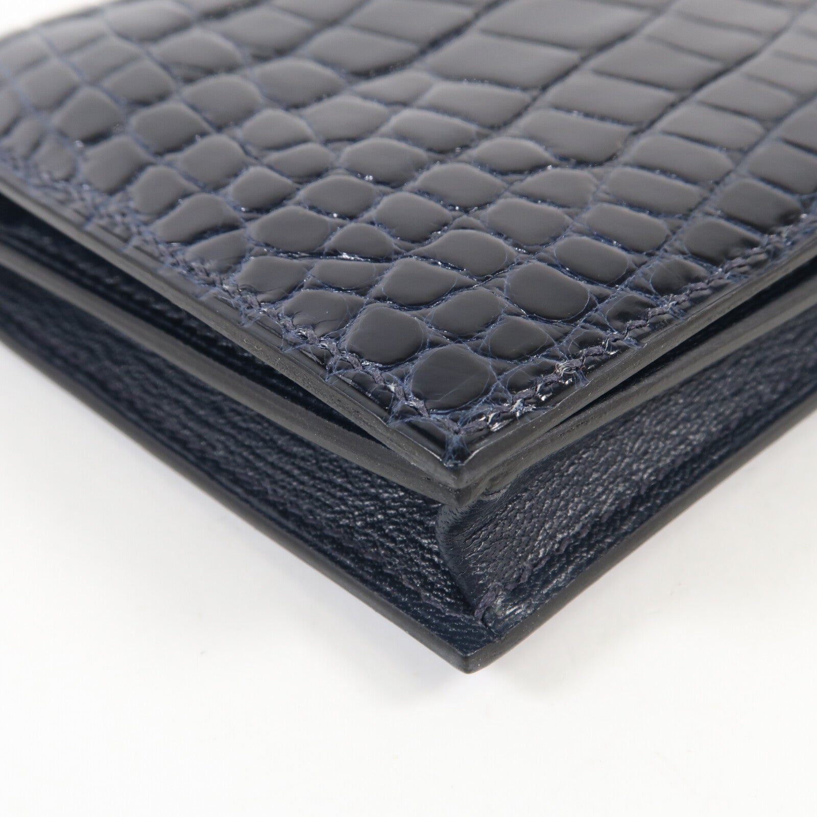 HERMES Alligator Shiny皮革Bearn Long Wallet銀扣長錢包Bleu Marine