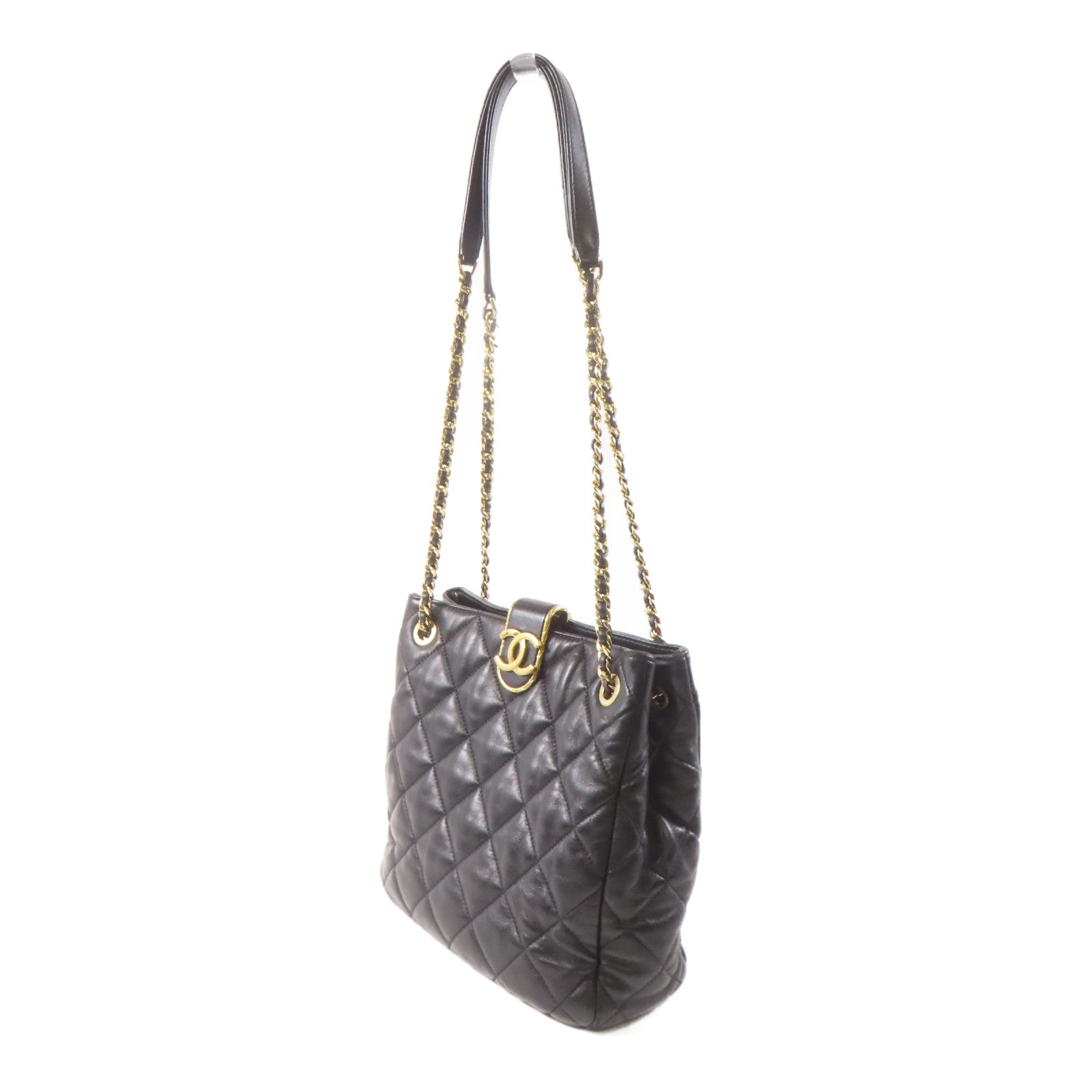 CHANEL 菱格羊皮皮革Shoulder Bag金扣鏈帶肩背袋黑色