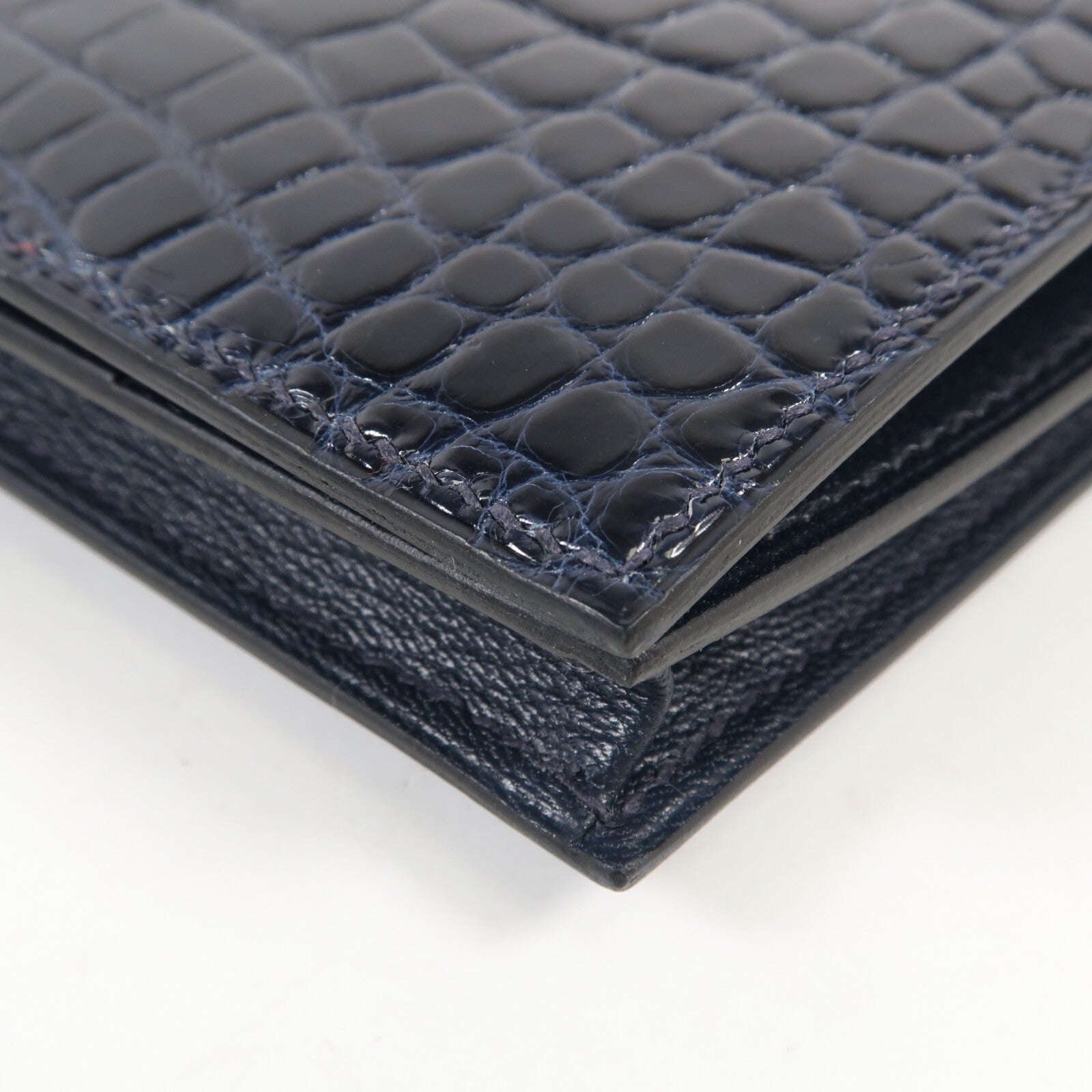 HERMES Alligator Shiny皮革Bearn Long Wallet銀扣長錢包Bleu Marine