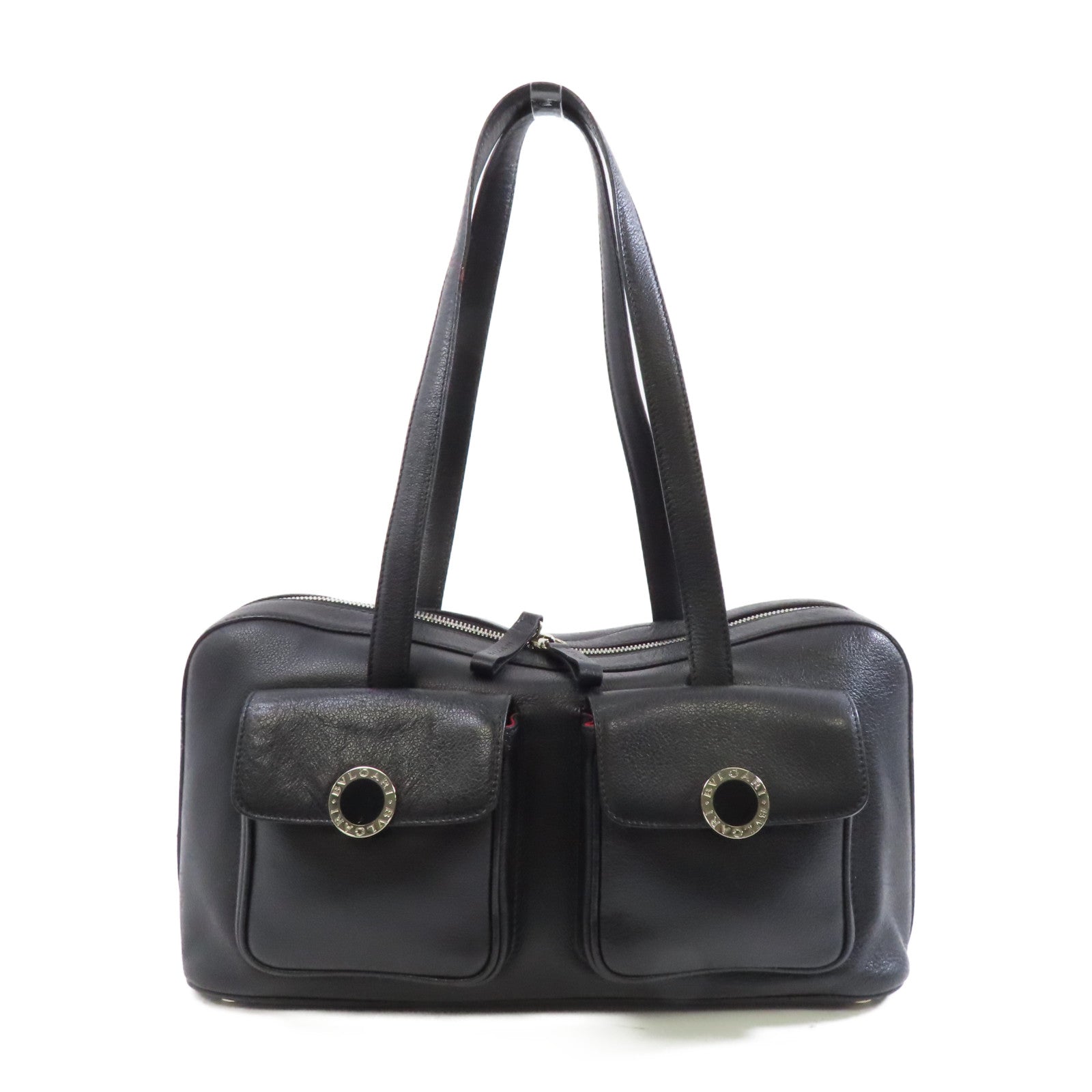 BVLGARI 【激減優惠】牛皮皮革Shoulder Bag銀扣肩背袋黑色