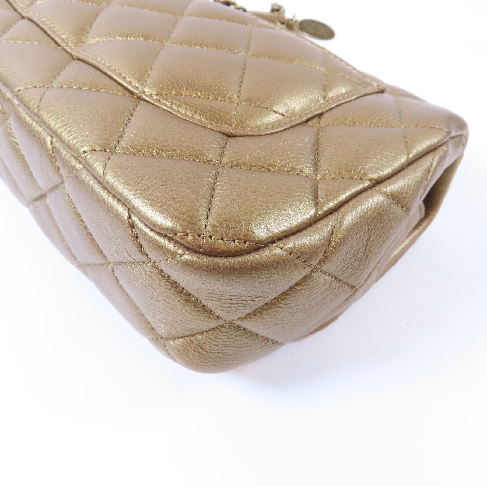 CHANEL 菱格牛皮皮革Chain Shoulder金扣鏈帶肩背袋青銅色