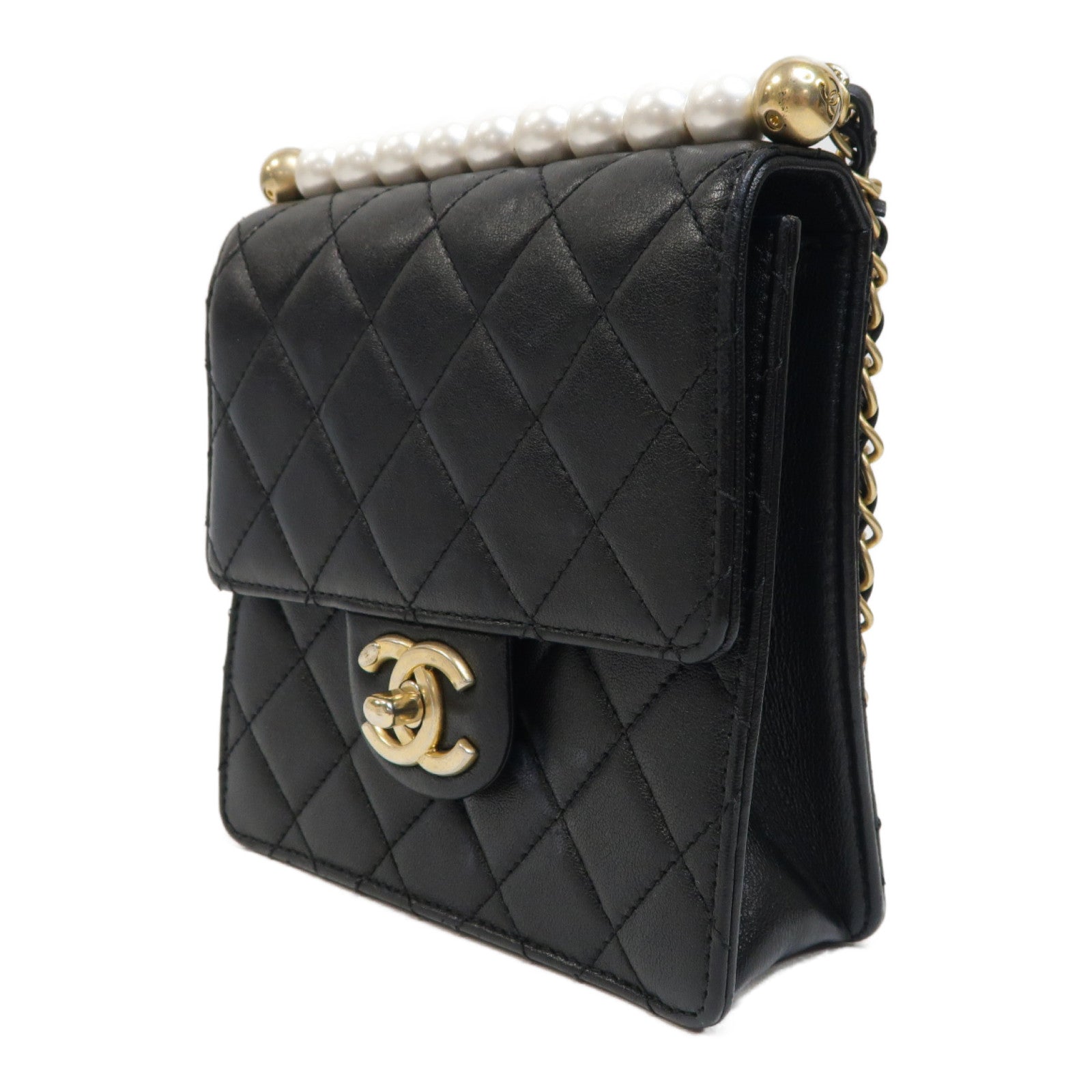 CHANEL 菱格牛皮皮革Matrasse Pearl金扣肩背袋黑色