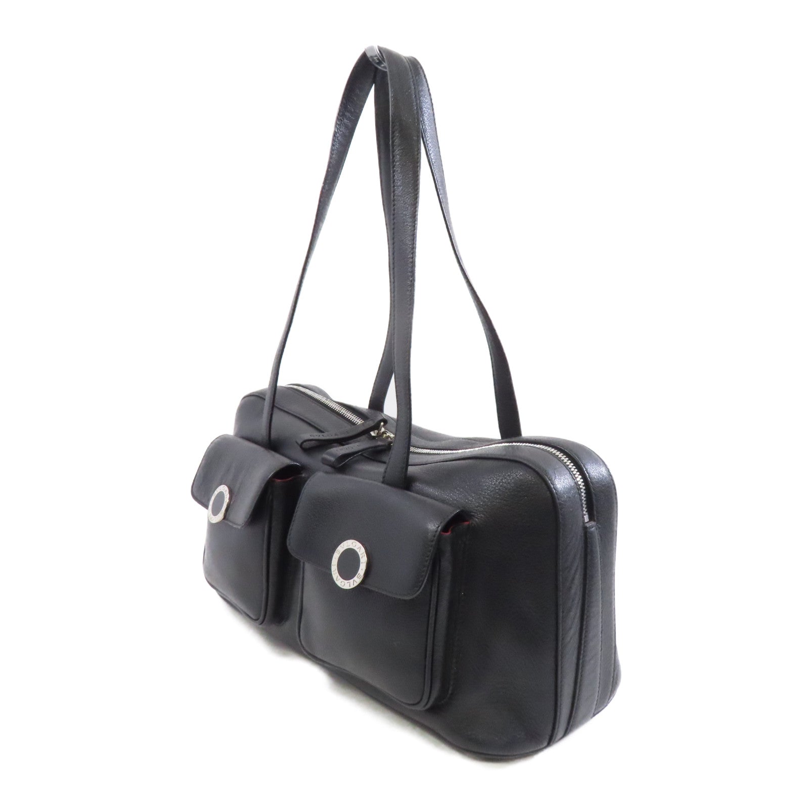 BVLGARI 【激減優惠】牛皮皮革Shoulder Bag銀扣肩背袋黑色