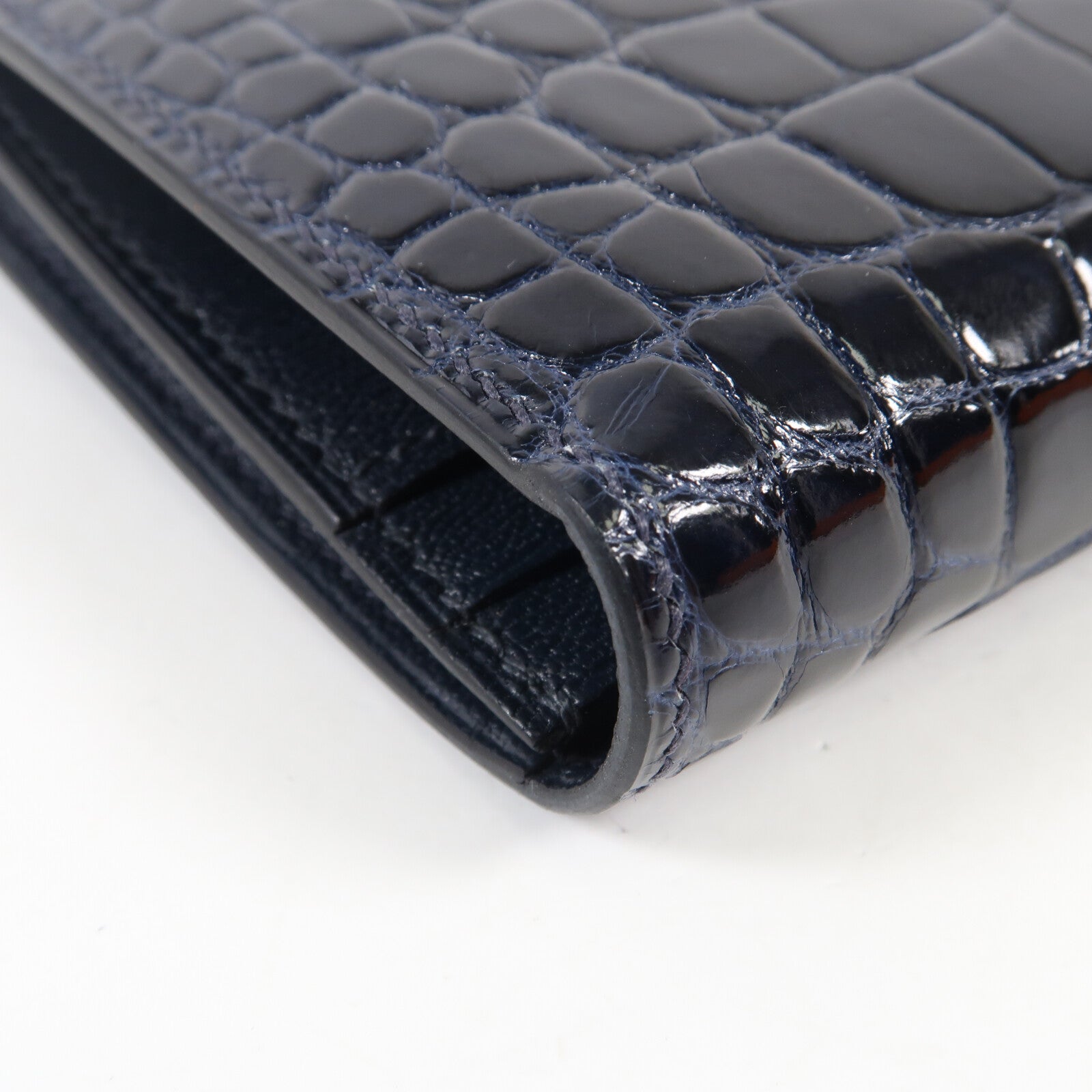 HERMES Alligator Shiny皮革Bearn Long Wallet銀扣長錢包Bleu Marine