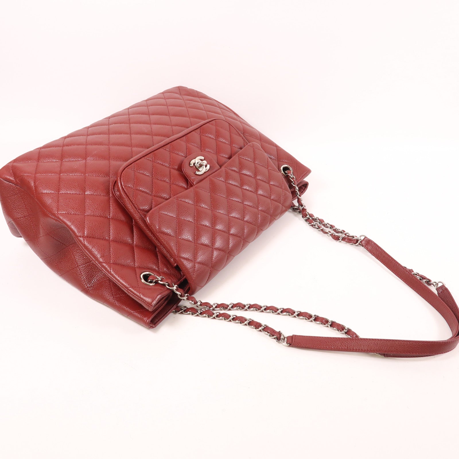 CHANEL 牛皮皮革Chain Shoulder Tote銀扣鏈帶肩背袋/手挽袋