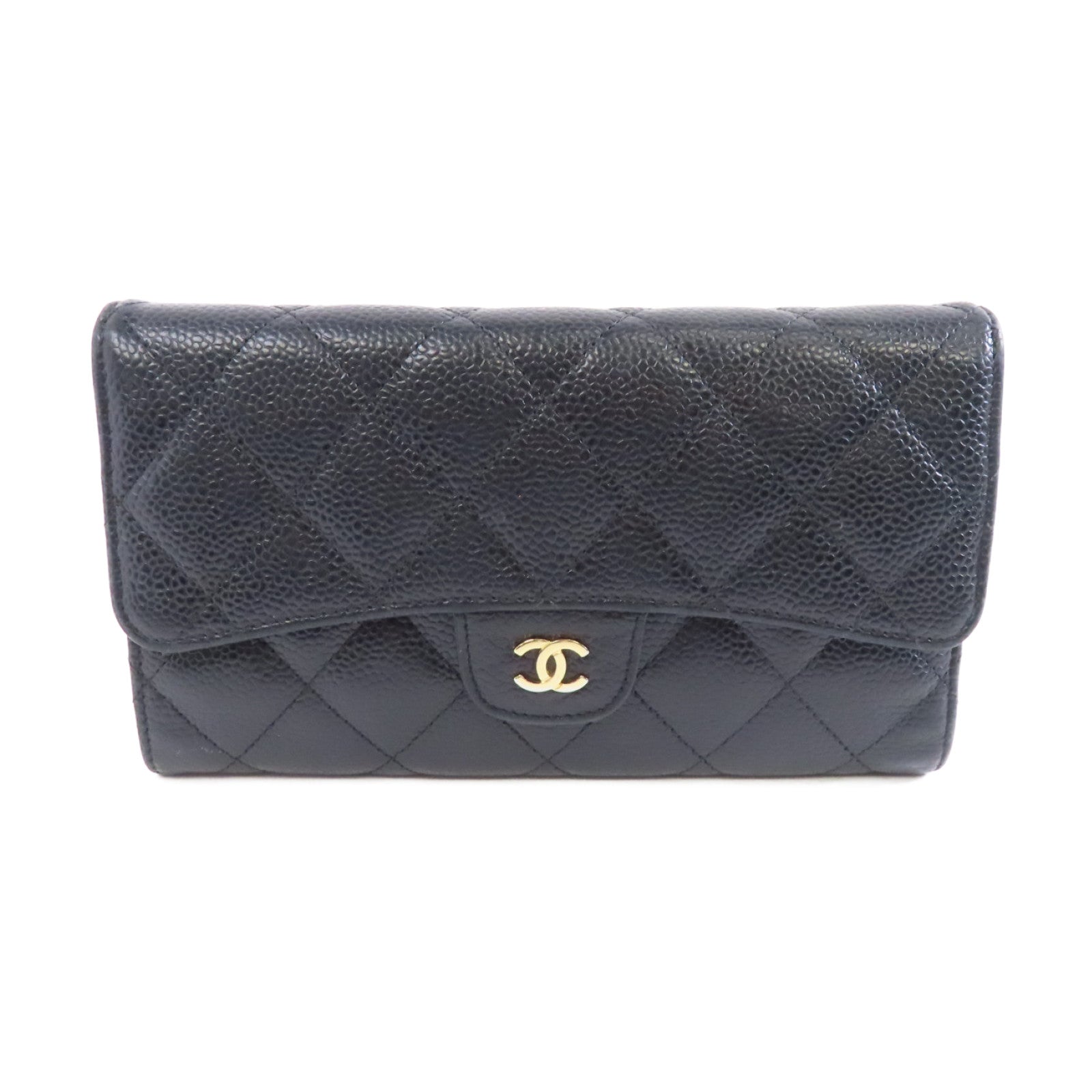 CHANEL 菱格Caviar皮革Long Wallet金扣長錢包黑色