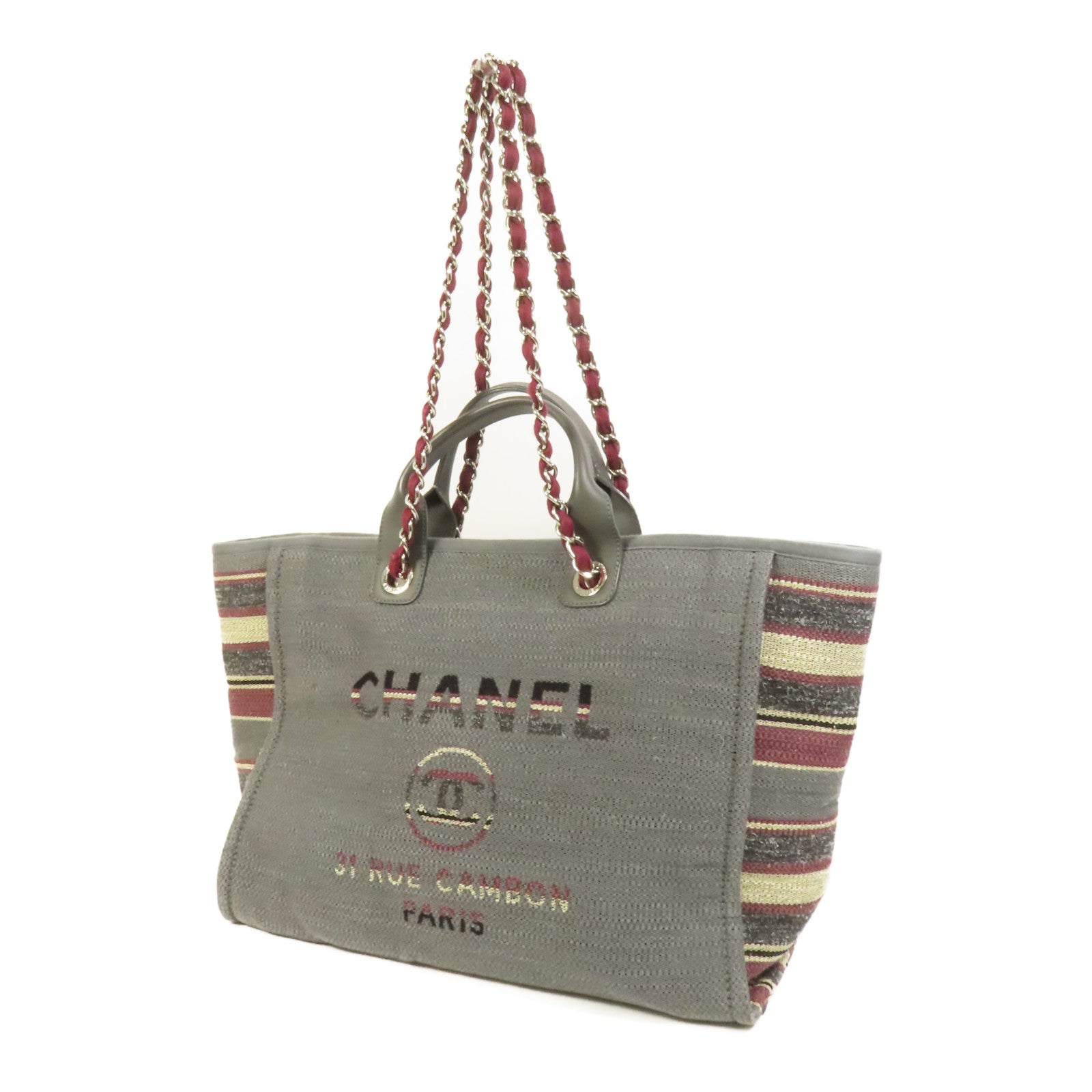 CHANEL 帆布Deauville Tote銀扣鏈帶手挽肩背兩用袋