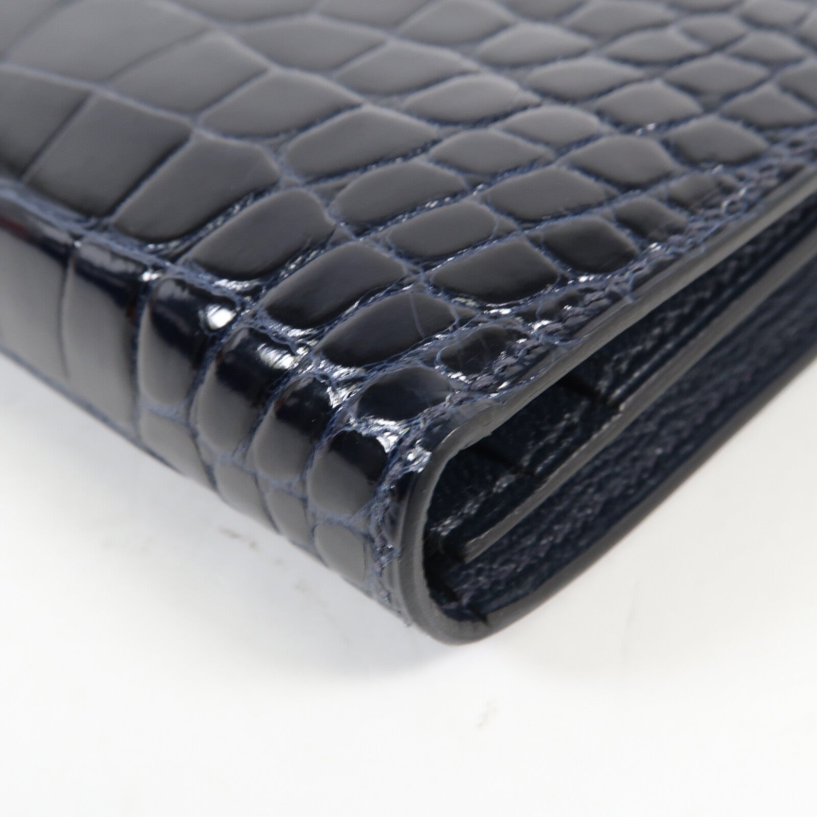 HERMES Alligator Shiny皮革Bearn Long Wallet銀扣長錢包Bleu Marine