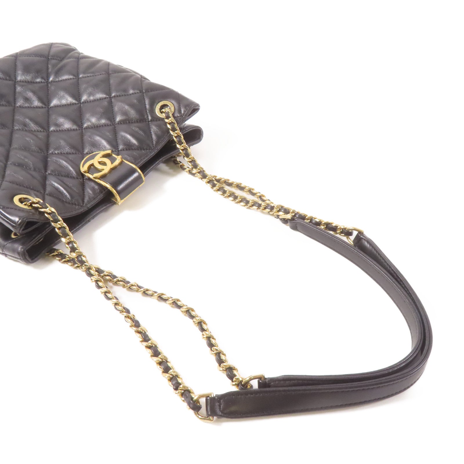 CHANEL 菱格羊皮皮革Shoulder Bag金扣鏈帶肩背袋黑色