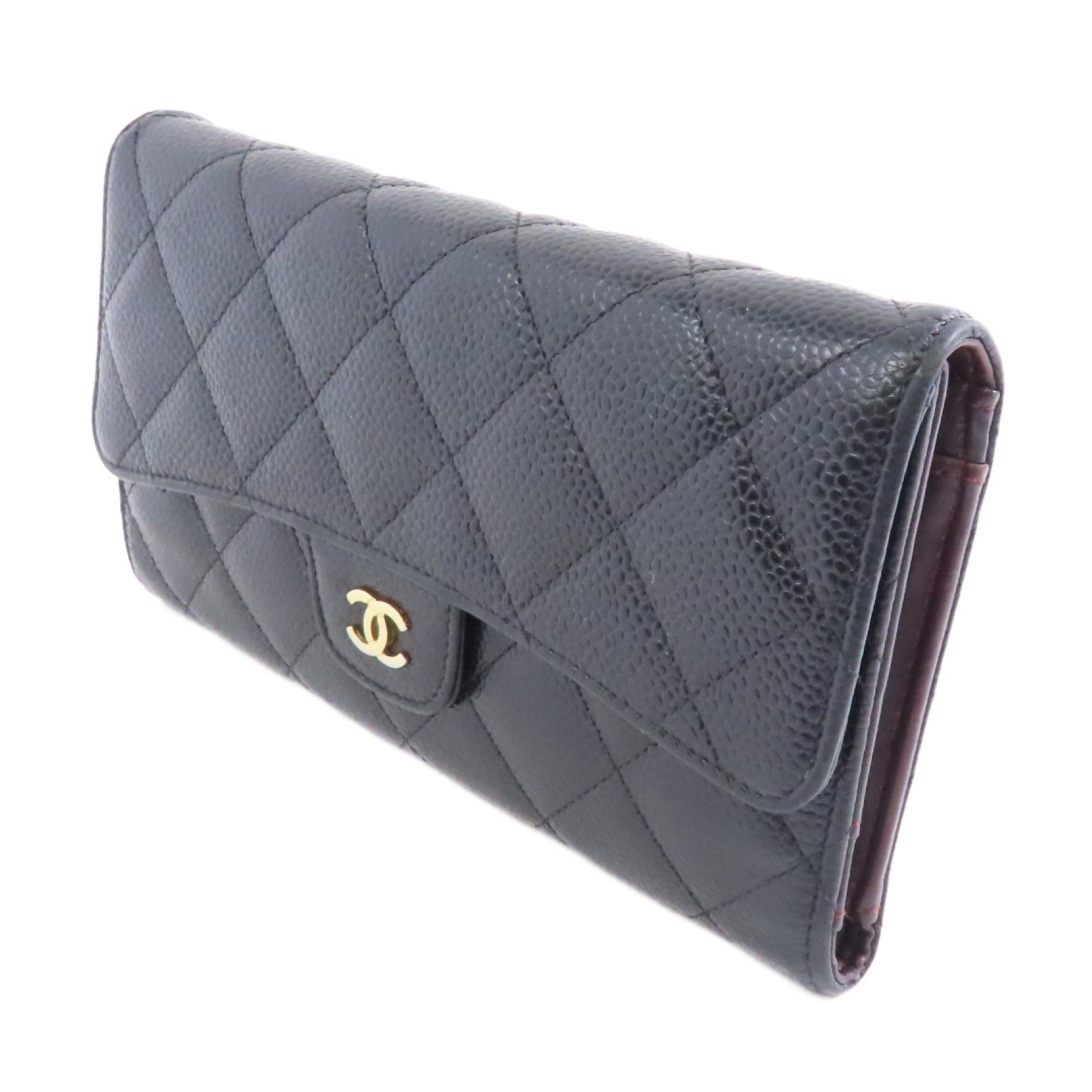 CHANEL 菱格Caviar皮革Long Wallet金扣長錢包黑色