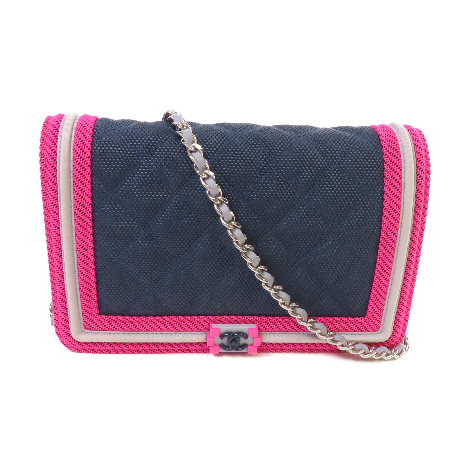 CHANEL 菱格帆布WOC Wallet On Chain Shoulder Bag銀扣鏈帶肩背袋寶藍色/粉紅色/灰色
