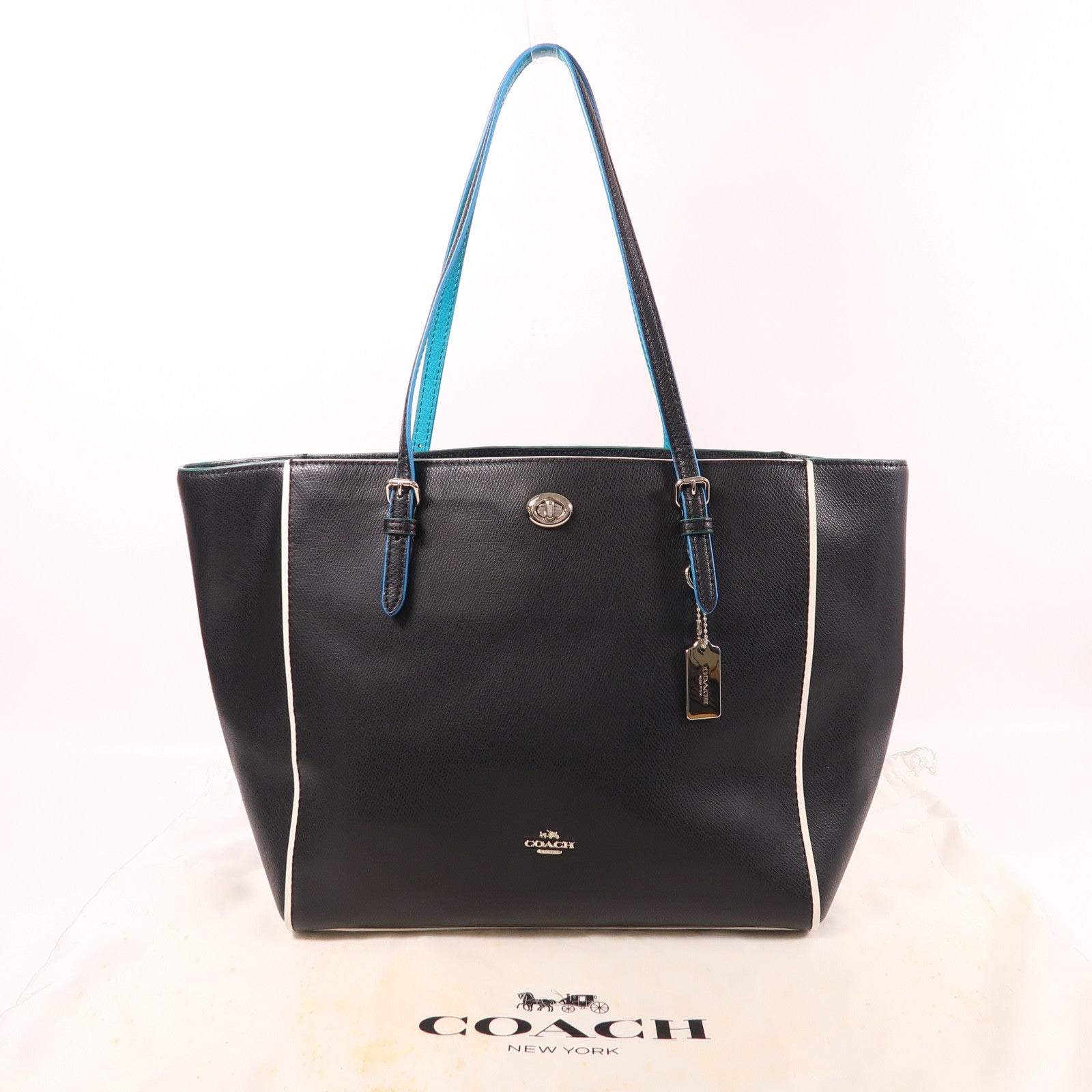 COACH SHW Turnlock Tote Shoulder Tote Bag Leather Black Blue