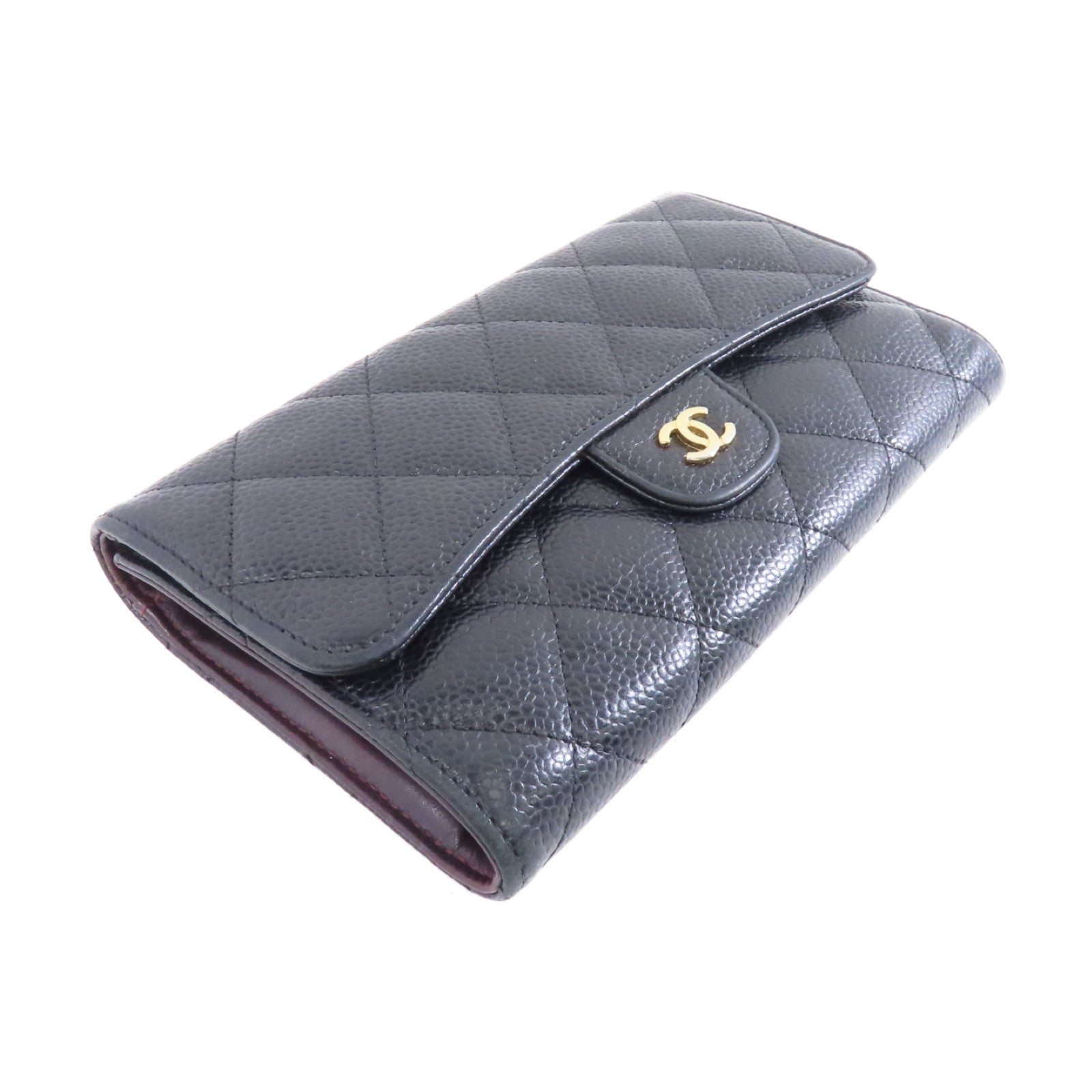 CHANEL 菱格Caviar皮革Long Wallet金扣長錢包黑色
