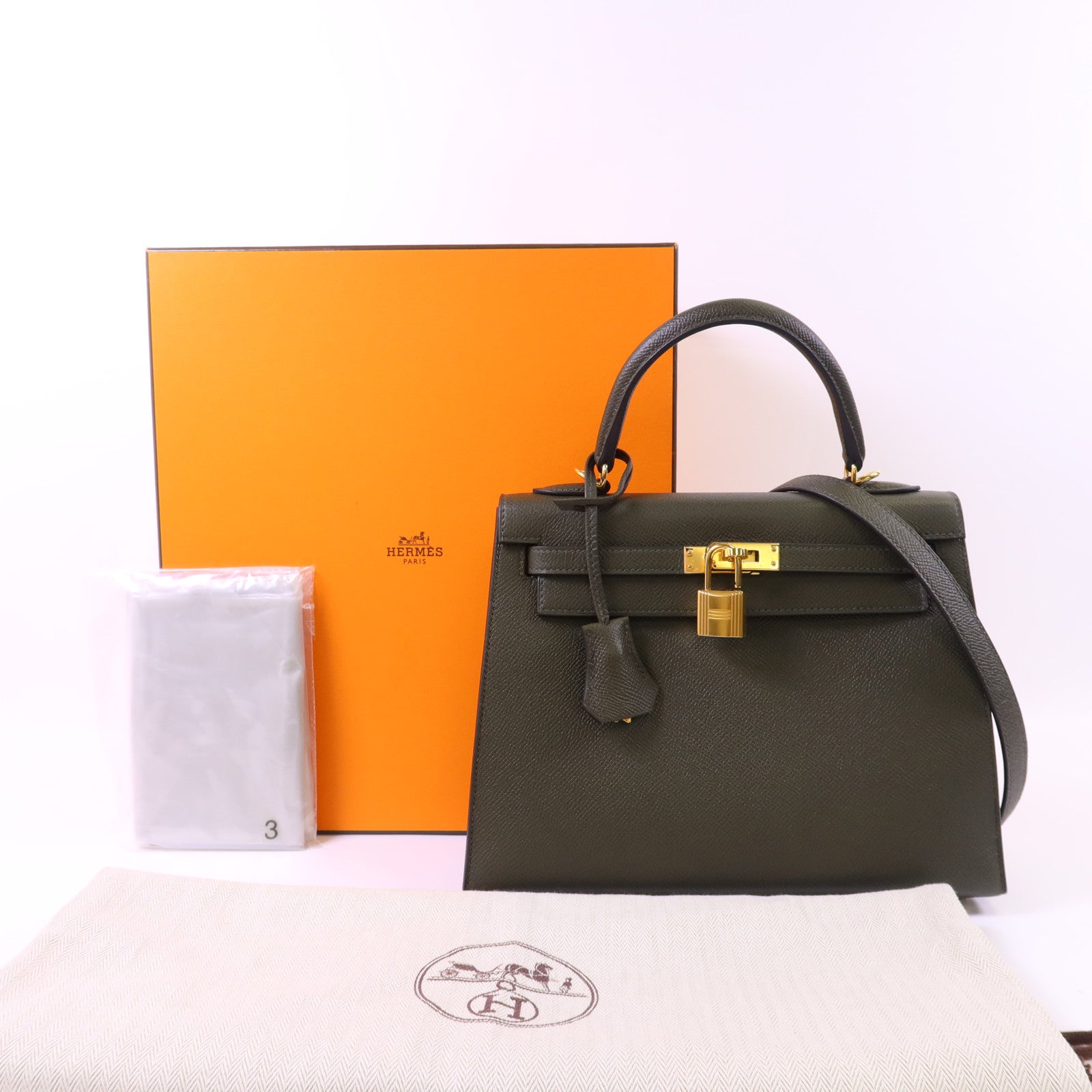 HERMES Epsom皮革Kelly 25金扣手挽肩背兩用袋Vert Gris