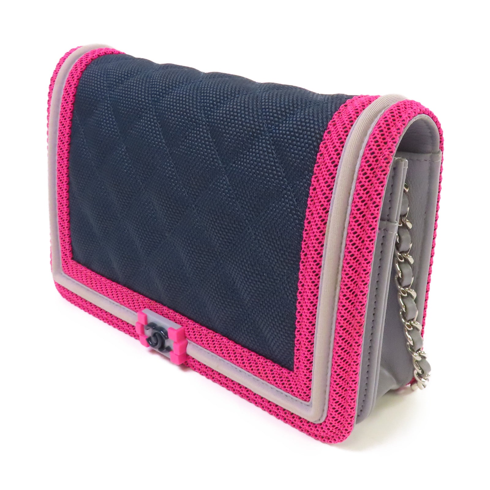 CHANEL 菱格帆布WOC Wallet On Chain Shoulder Bag銀扣鏈帶肩背袋寶藍色/粉紅色/灰色