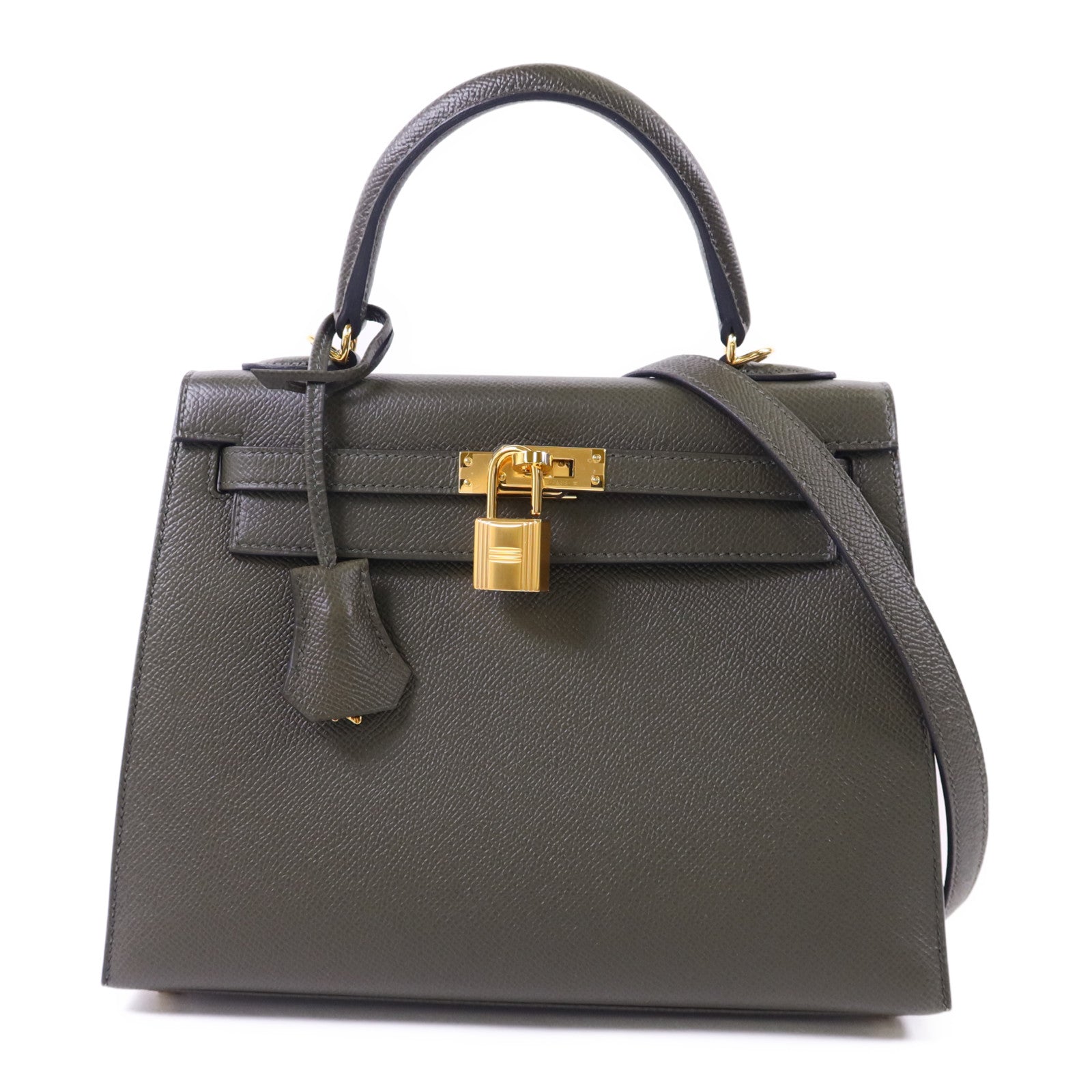 HERMES Epsom皮革Kelly 25金扣手挽肩背兩用袋Vert Gris