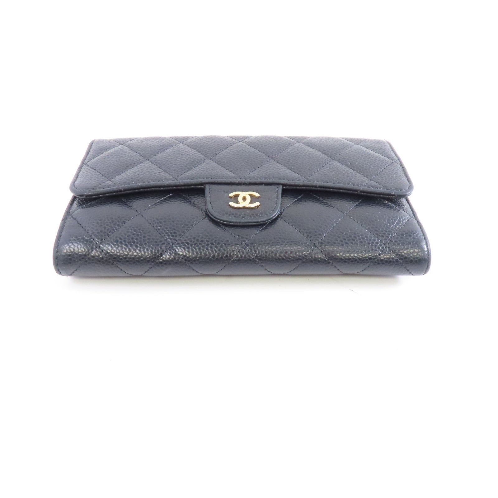 CHANEL 菱格Caviar皮革Long Wallet金扣長錢包黑色
