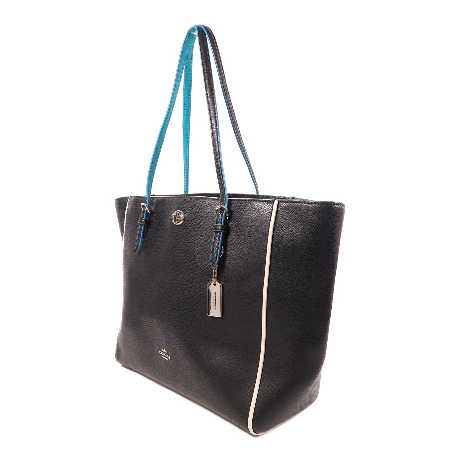COACH SHW Turnlock Tote Shoulder Tote Bag Leather Black Blue