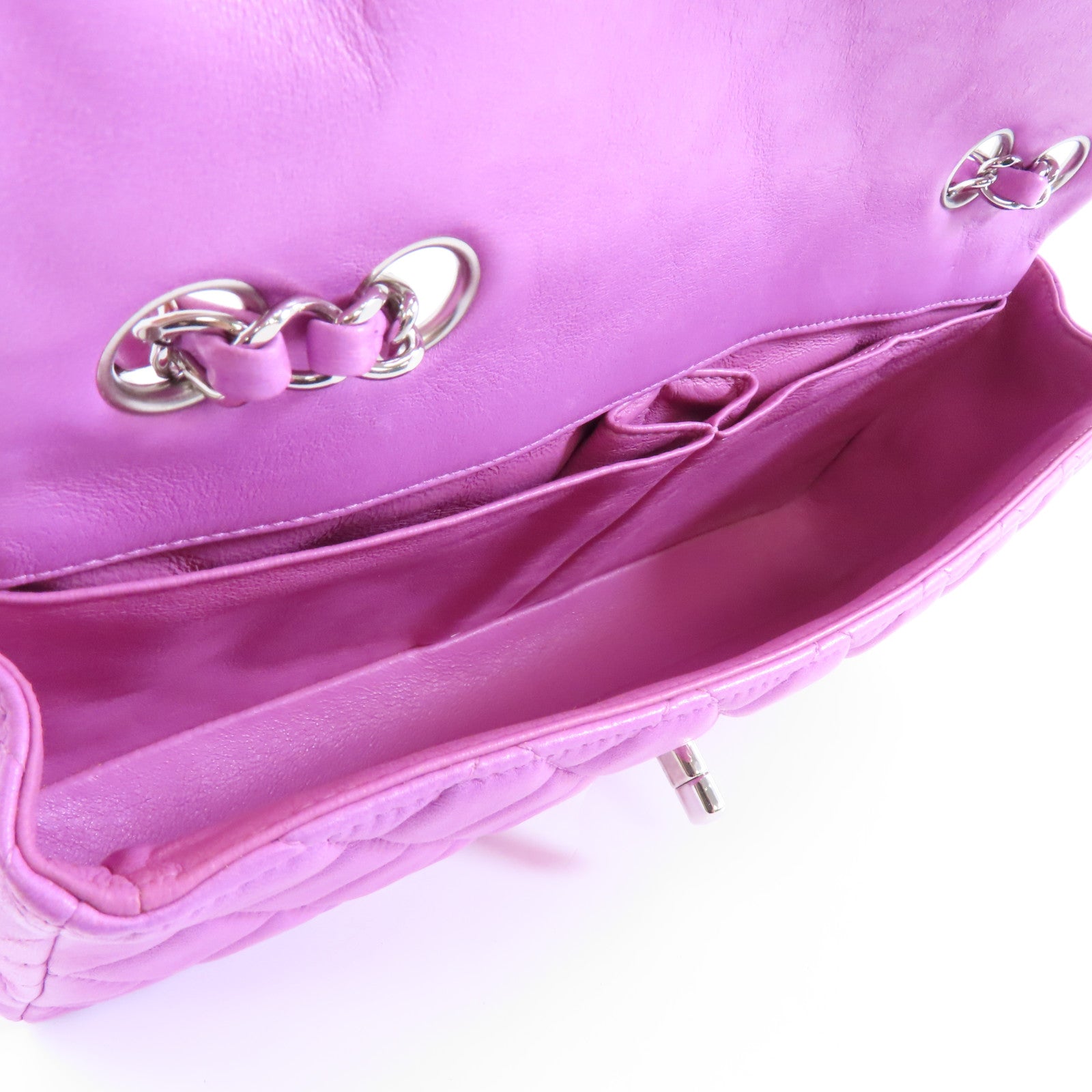 CHANEL 菱格羊皮皮革Chain Shoulder Bag銀扣鏈帶肩背袋紫色