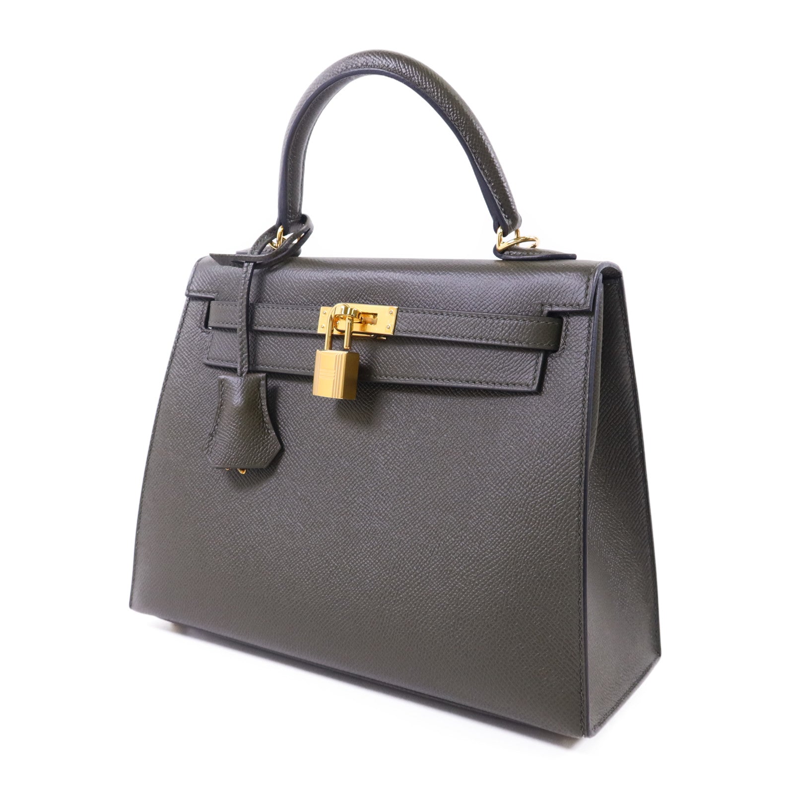 HERMES Epsom皮革Kelly 25金扣手挽肩背兩用袋Vert Gris
