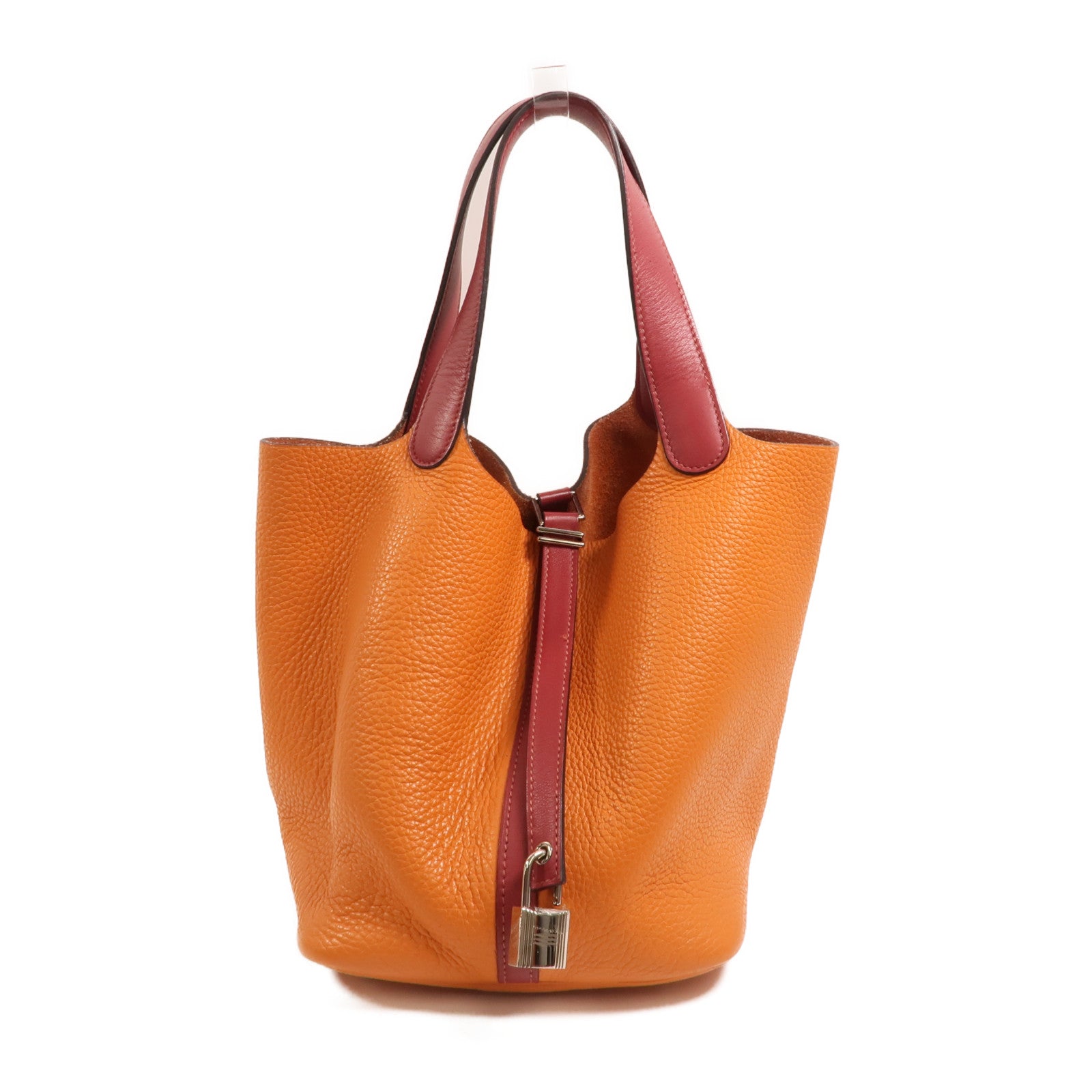HERMES Clemence皮革Picotin MM銀扣手挽袋Feu/Rouge Grenat