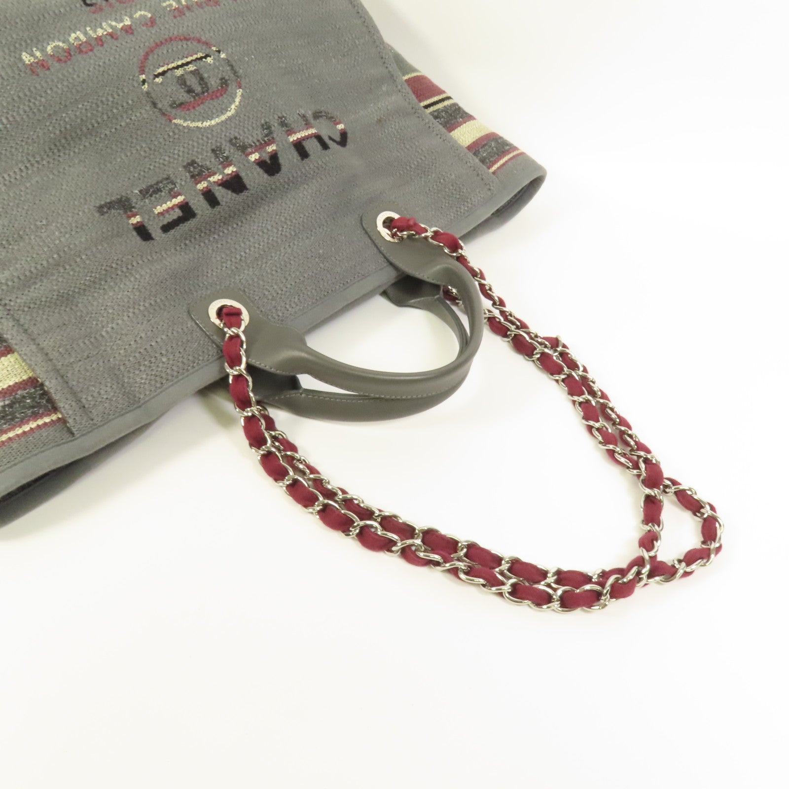 CHANEL 帆布Deauville Tote銀扣鏈帶手挽肩背兩用袋