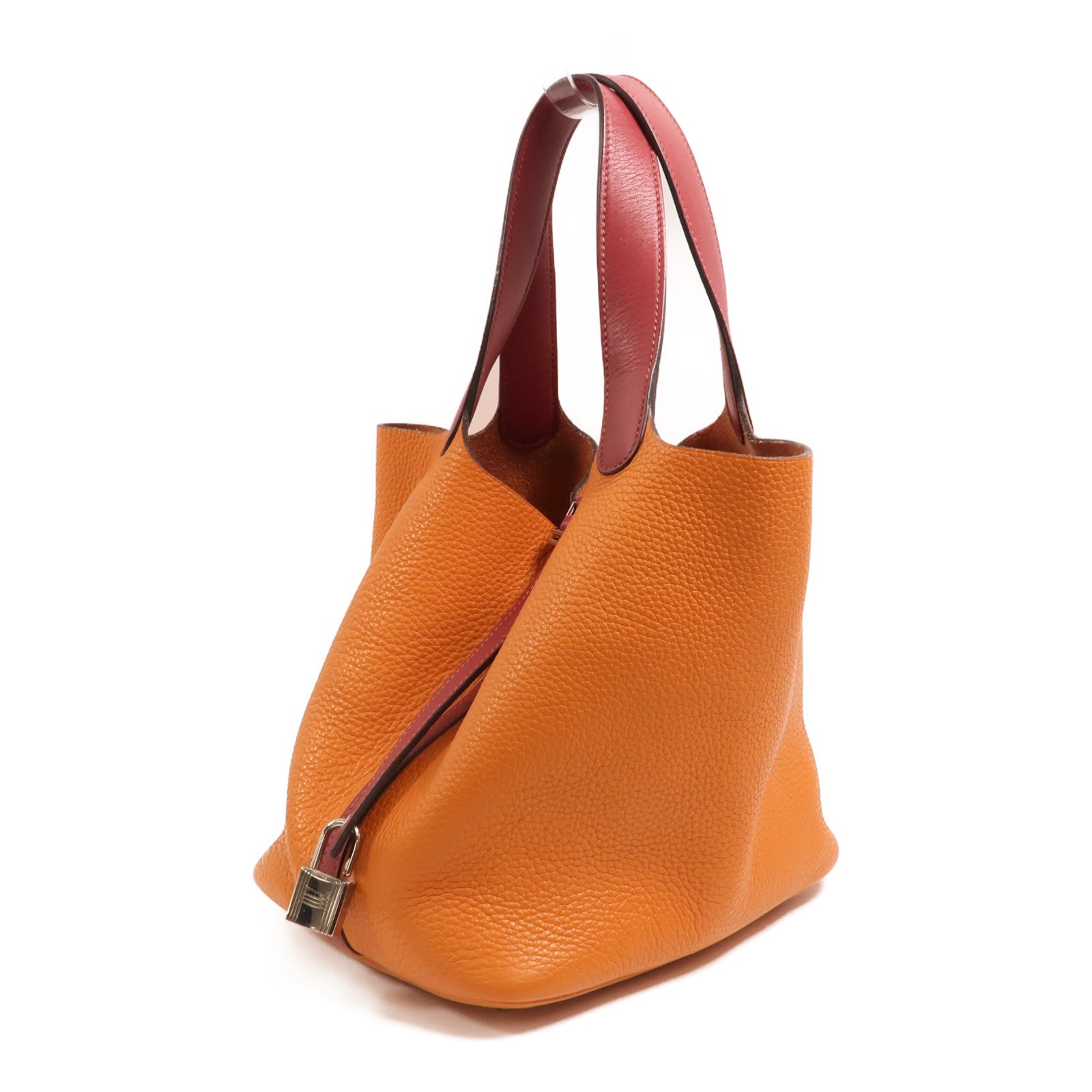 HERMES Clemence皮革Picotin MM銀扣手挽袋Feu/Rouge Grenat