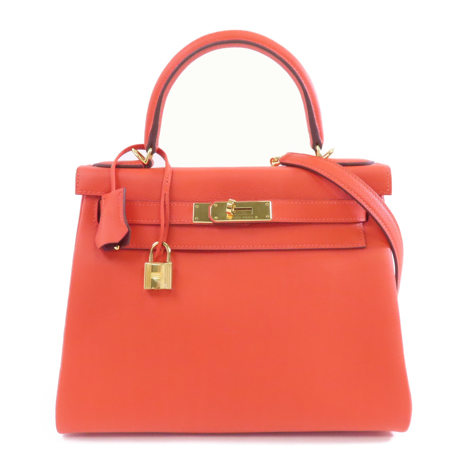 HERMES Evercolor皮革Kelly 28金扣手挽肩背兩用袋Rouge H/紅色