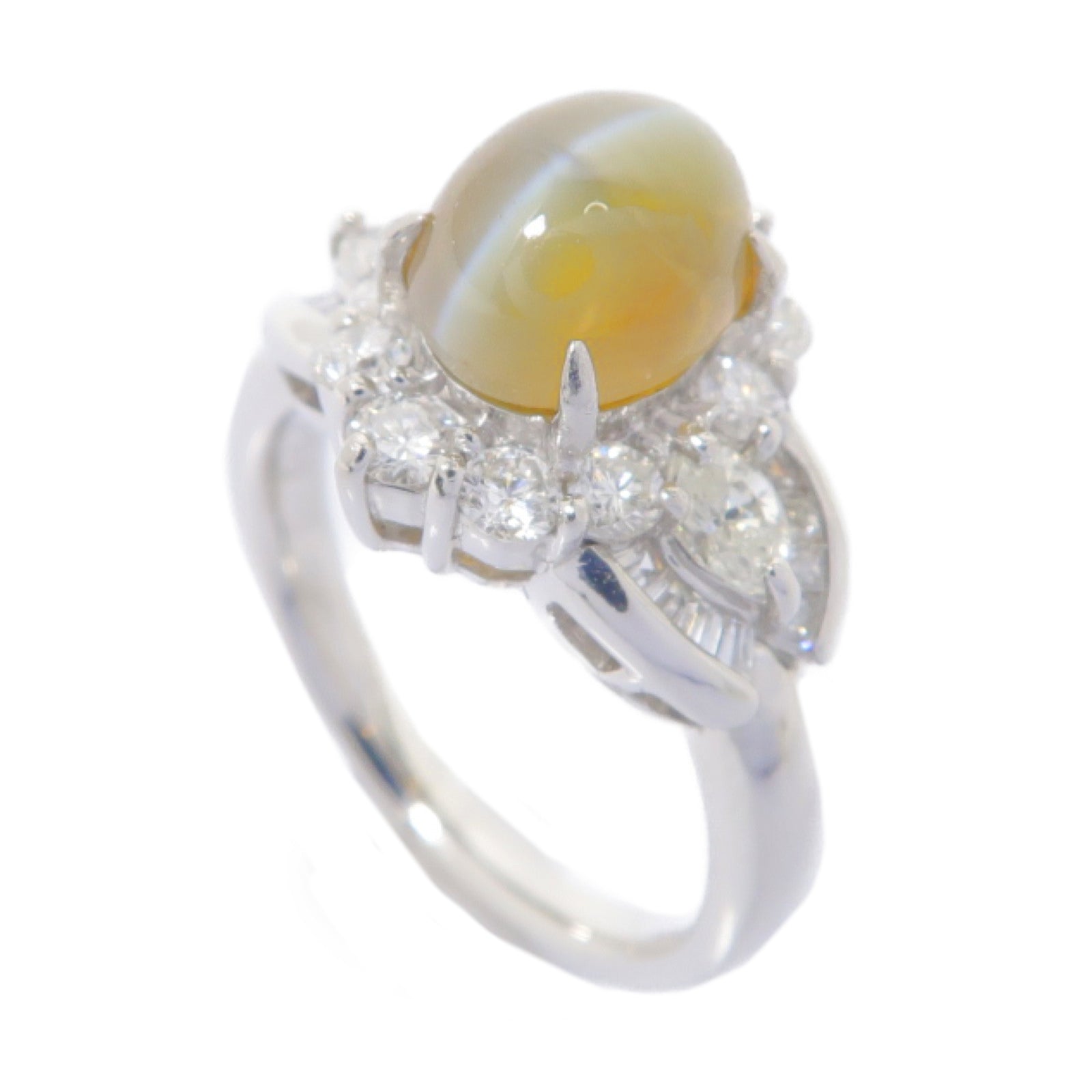 JEWELRY PT900鉑金Cat's Eye Diamond Ring 3.20ct貓眼石/0.96ct鑚石戒指US#5.25